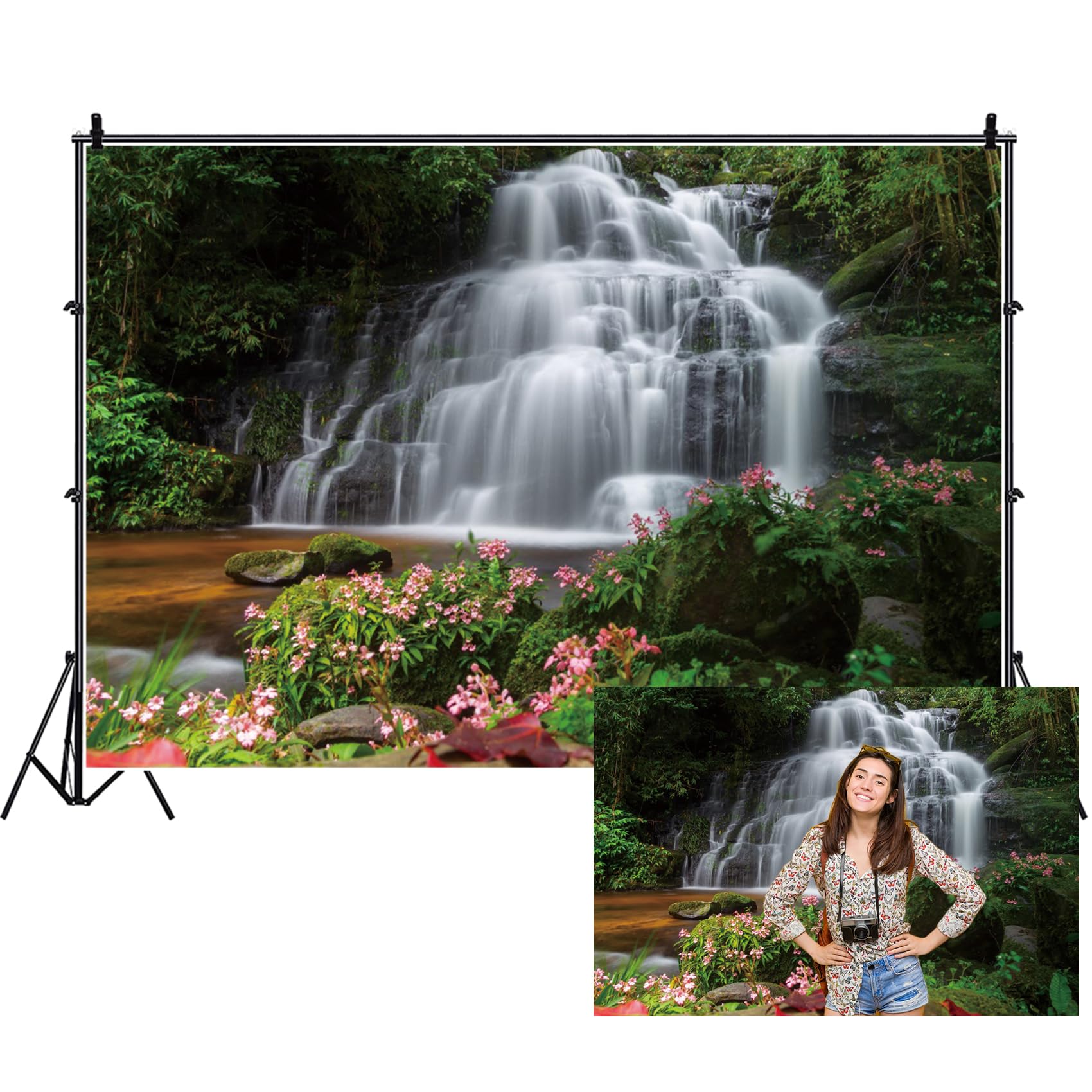 Renaiss 7x5ft Natural Waterfall Backdrop Polyester Fabric Green Jungle Forest Mountain and Water River Stone Landscape Cascade Photography Background