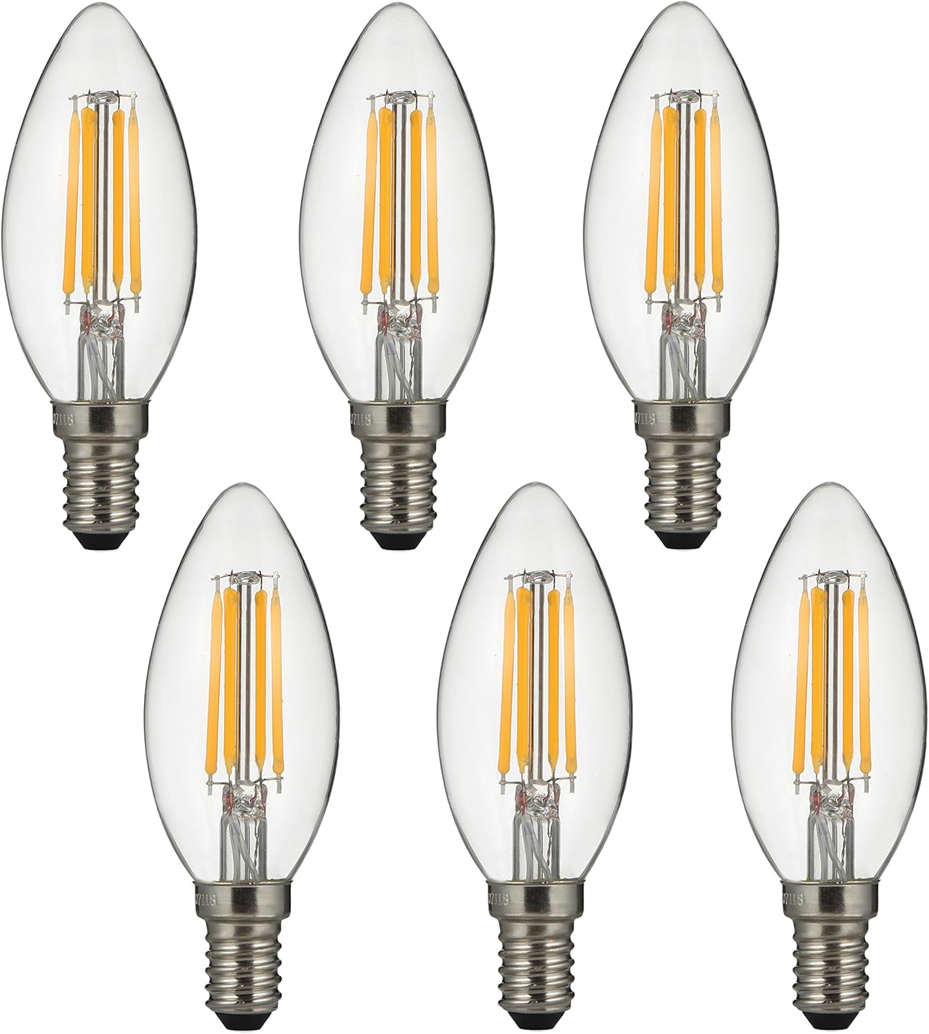 6 Piece 3.5W (40W Equivalent) LED Vintage Filament Clear Light Candle Bulb, 2700K Clear Soft White 350LM, E12 Base, B10, B35C Flame Shape, UL Listed, RoHS, Dimmable