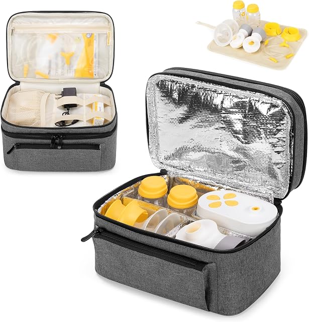 BAFASO Breast Pump Bag with a Waterproof Pad, Gray | Compatible with Medela Pump in Style and Extra Parts, Double Layer Design with Detachable Dividers