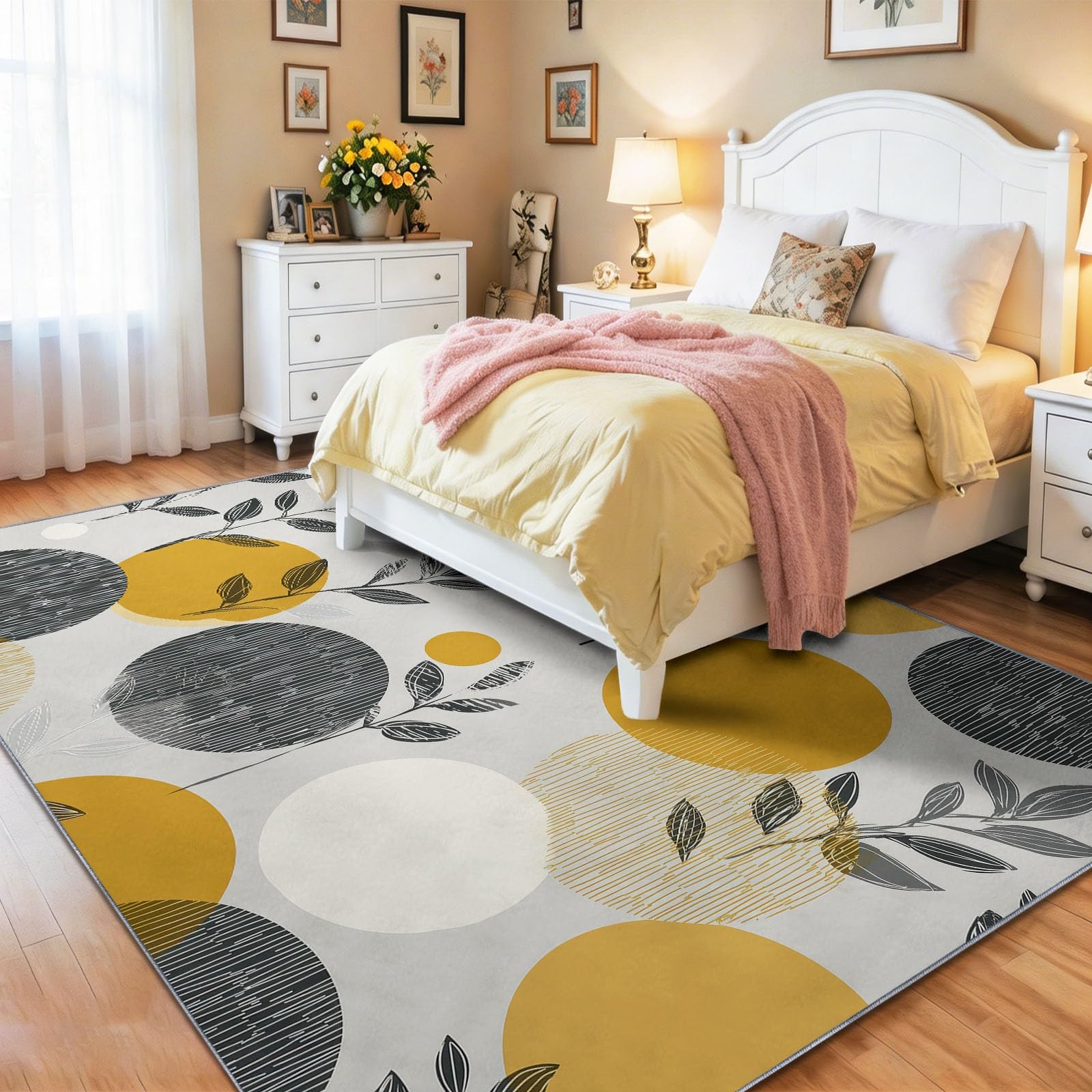 Modern Nordisch Teppich 60 x 120 cm rutschfest Waschbar Teppich, Kreise Blätter Weich Kurzflor Teppiche für Wohnzimmer Büro Mehrfarbig
