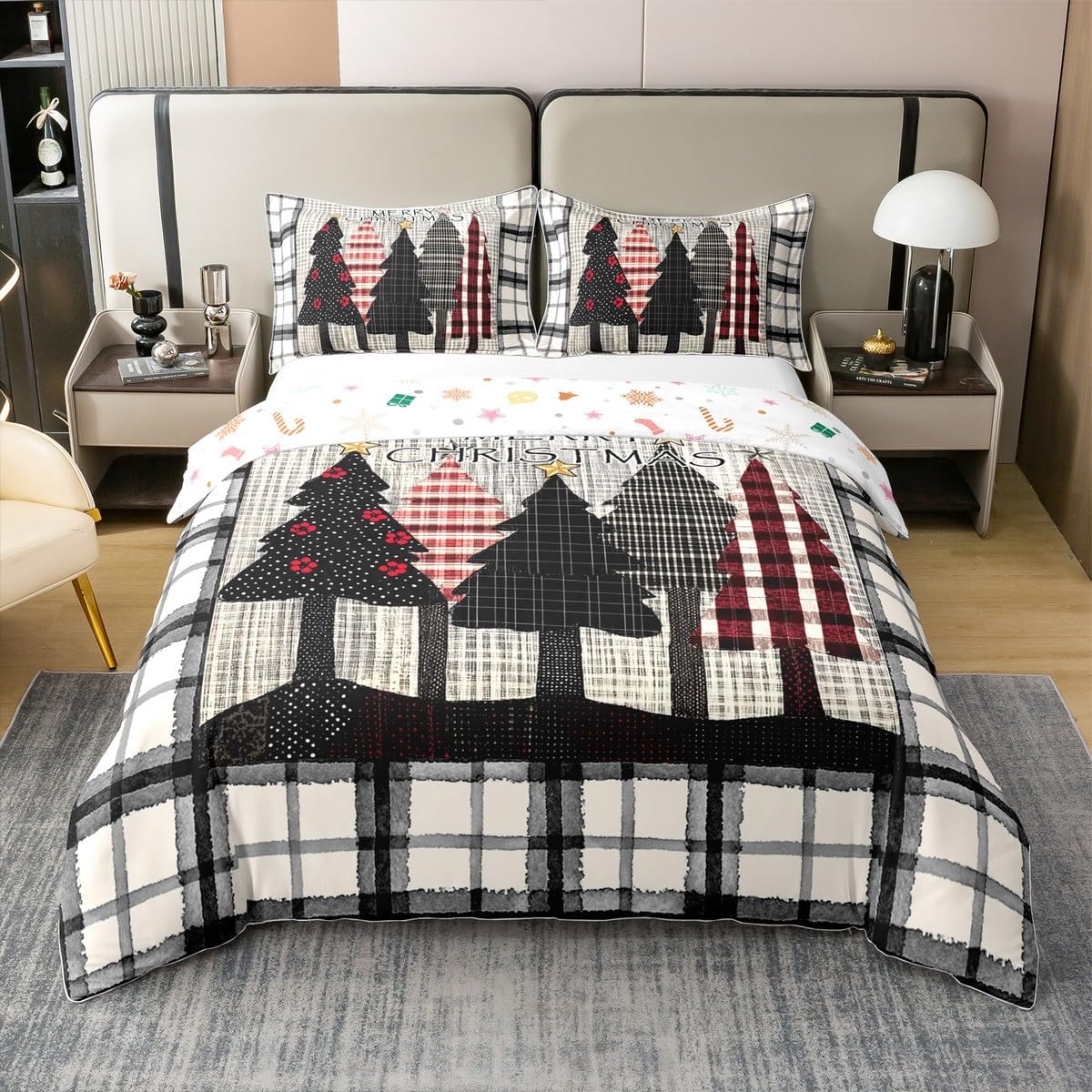 Feelyou Christmas Bedding 100% Cotton Duvet Cover Set King Size Christmas Tree Bedding Set Comforter Cover Set Merry Christmas Bedspread Cover Silver Grey