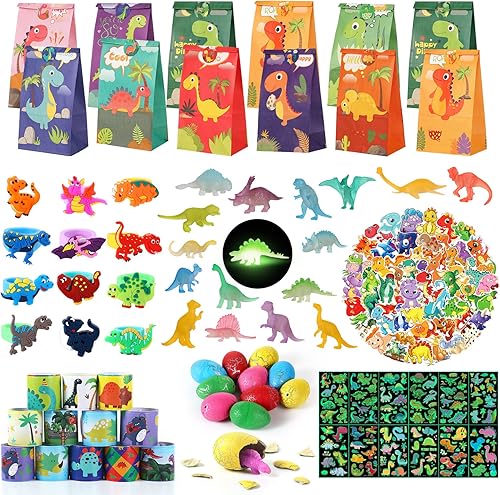 ALKNOT Suministros de fiesta de cumpleaños de dinosaurios para 12 niños, bolsas de regalo, juguetes, huevos, mini figuras, pulseras de palmada,