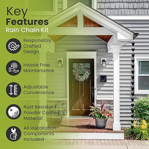Miniatura 3 de Kit de cadena de lluvia con adaptador y extensión  Cadenas de lluvia con recubrimiento de polvo negro para canaletas de 10 pies  Cadena de lluvia