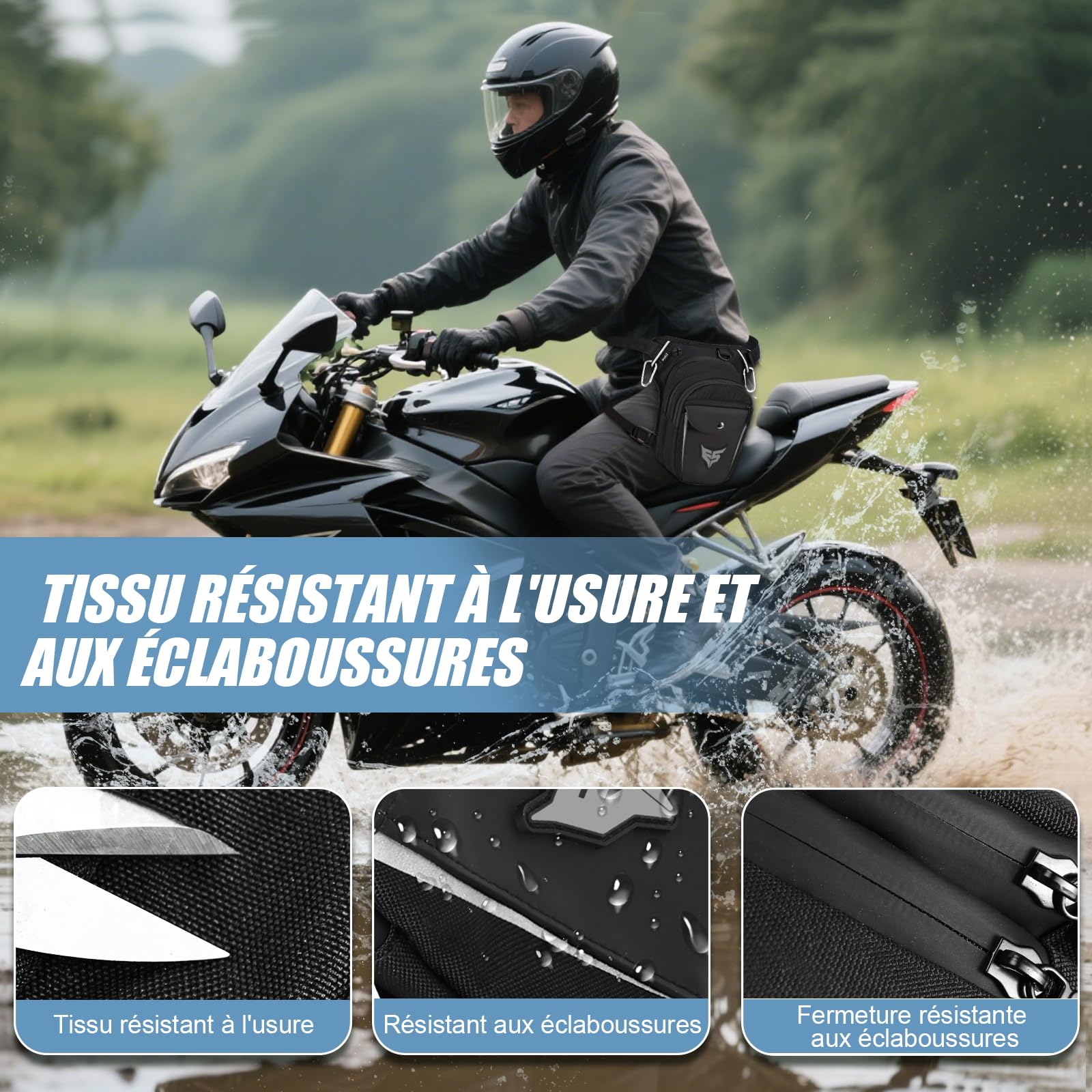 Eshow Sacoche de Jambe Moto Capacité Extensible, Sac Banane Femme Homme avec Bande Réfléchissante, 1 Clip à Gourde, 2 Mousquetons pour Randonnée Pêche
