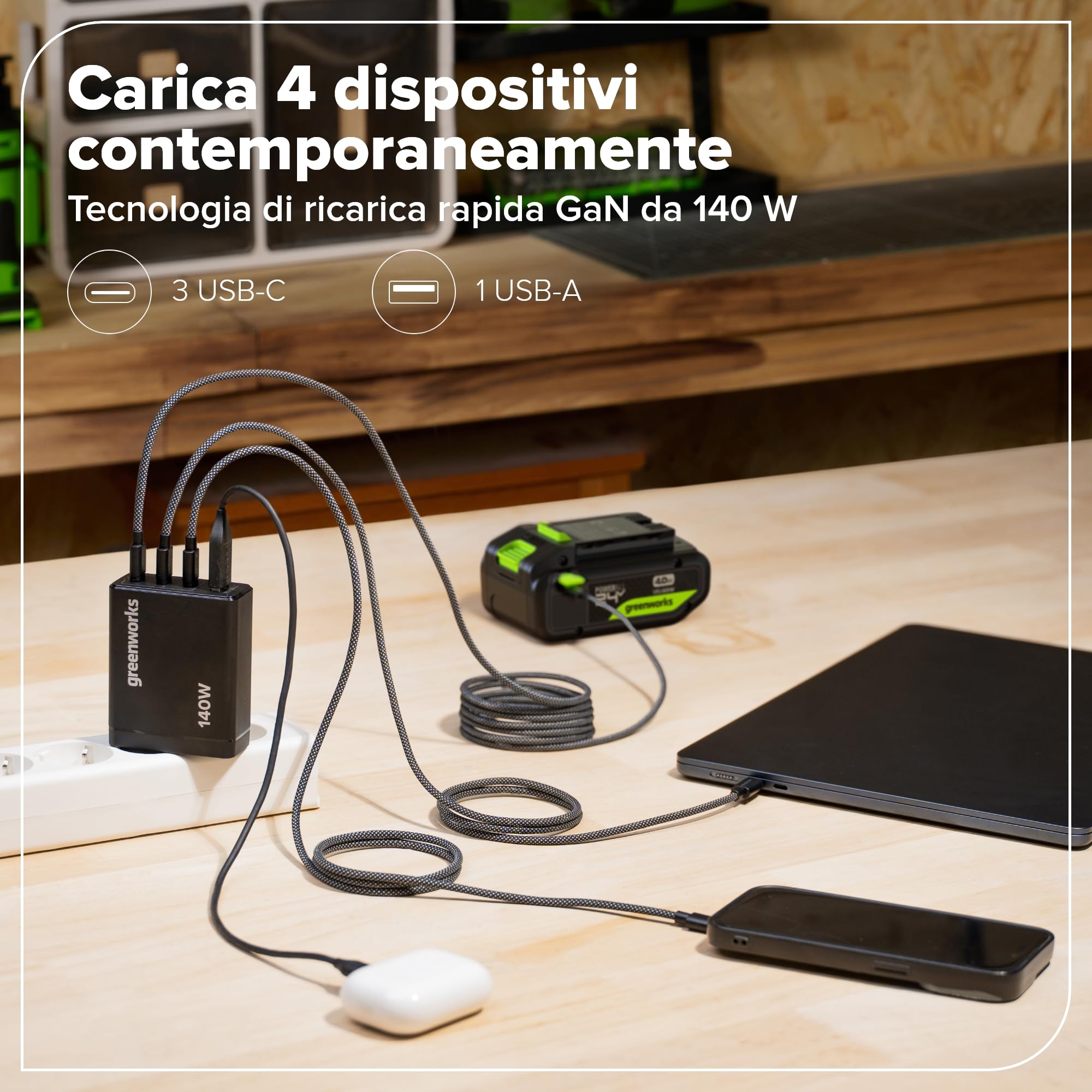Greenworks 2Pack 24V 4Ah batteria ricaricabile USB-C & caricabatterie USB-C da 140W & cavo da 140W, batteria compatibile con tutti gli dispositivi Greenworks da 24V, 2 anni di garanzia - K2D8DEA
