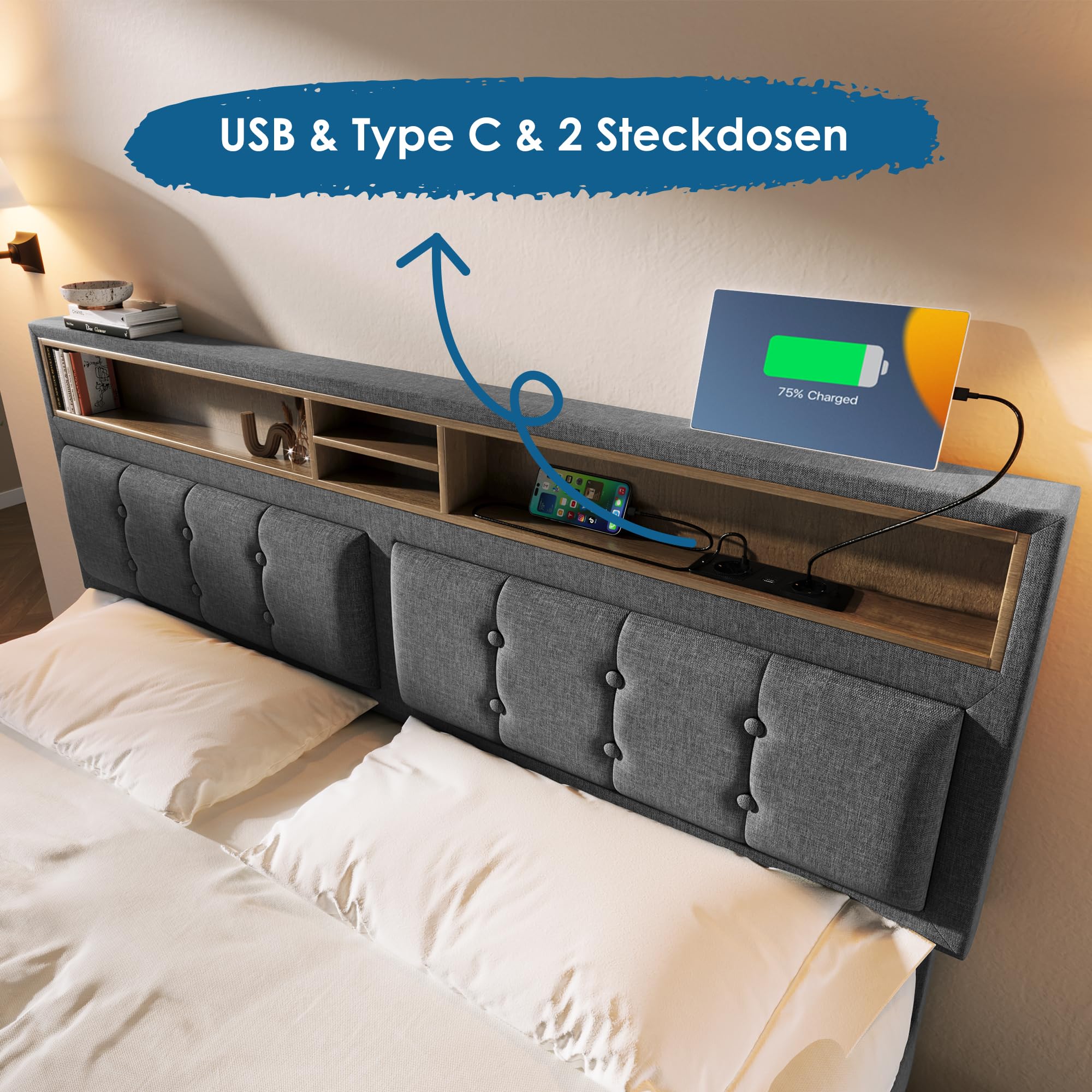 Letto imbottito 140x200cm con 4 cassetti e presa USB-C | Leroy Merlin