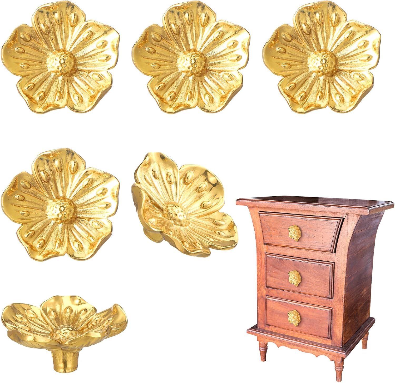 6 Pack Flower Cabinet Knobs Gold Brass Drawer Knobs Floral Shape Dressers Pulls Cabinet Hardware Handles for Bathroom Closet Wardrobe Dresser Cabinet