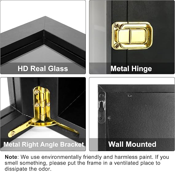 FramePro Rock Display Case, Crystal Collection Box with Shelves, Onyx Opal Crystal Stand Displayed in Grids, Doll Show Holder with Real Glass Lid （Black） (Black, 13.5