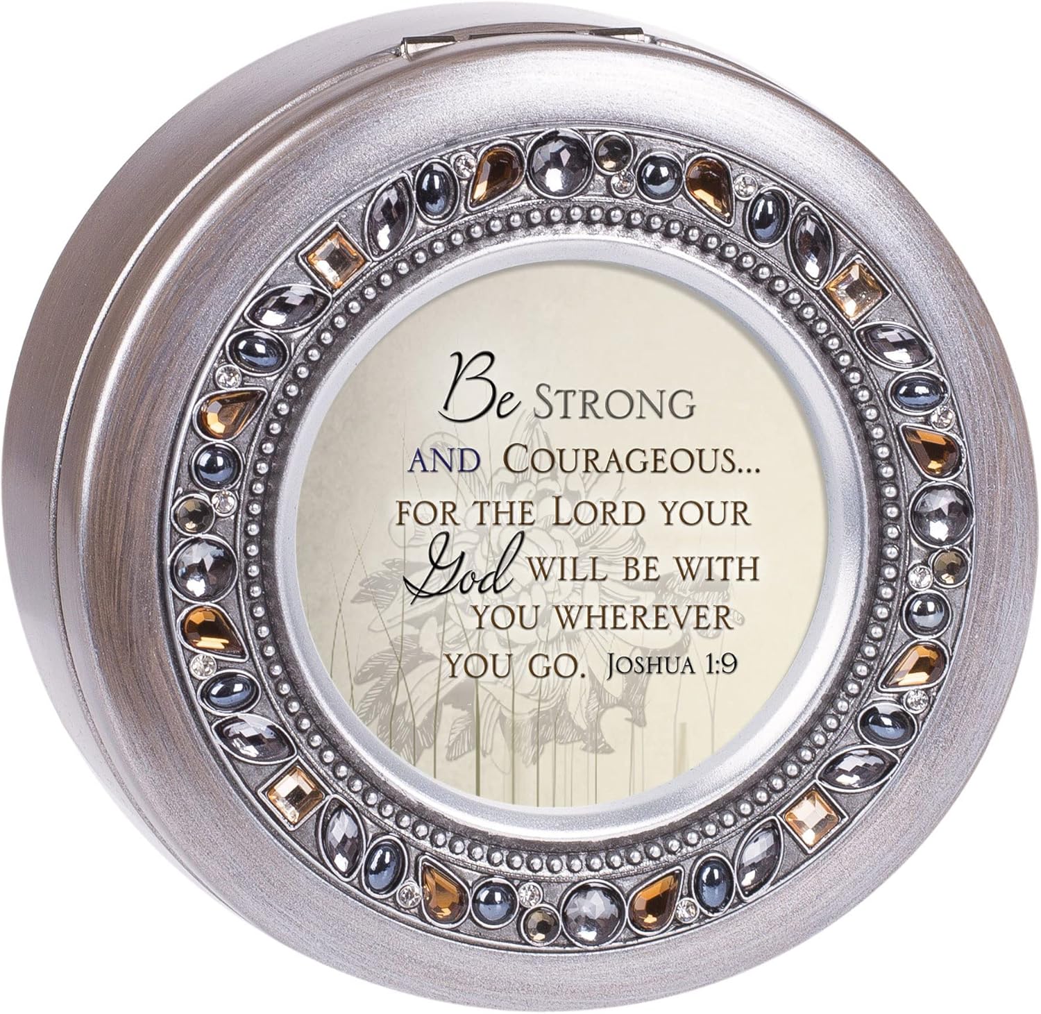 Cottage Garden Be Strong and Courageous Brushed Pewter Jewelry Music Box Plays Amazing Grace