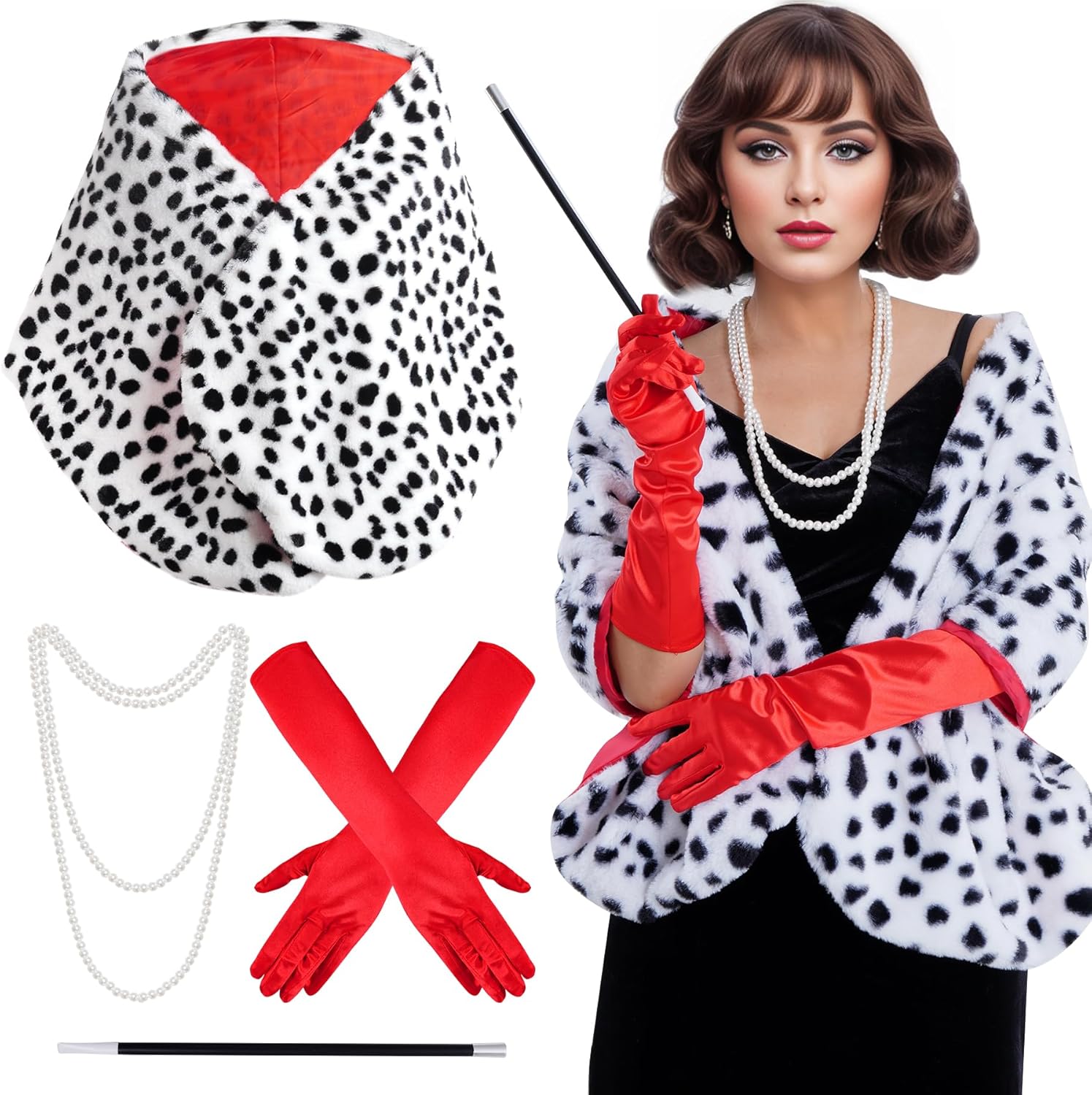 4 Pack Women Halloween Dalmatian Costume, Black White Dalmatian Shawl Scarf Stole, 1920s Red Glove, Faux Pearls Necklace for Adult