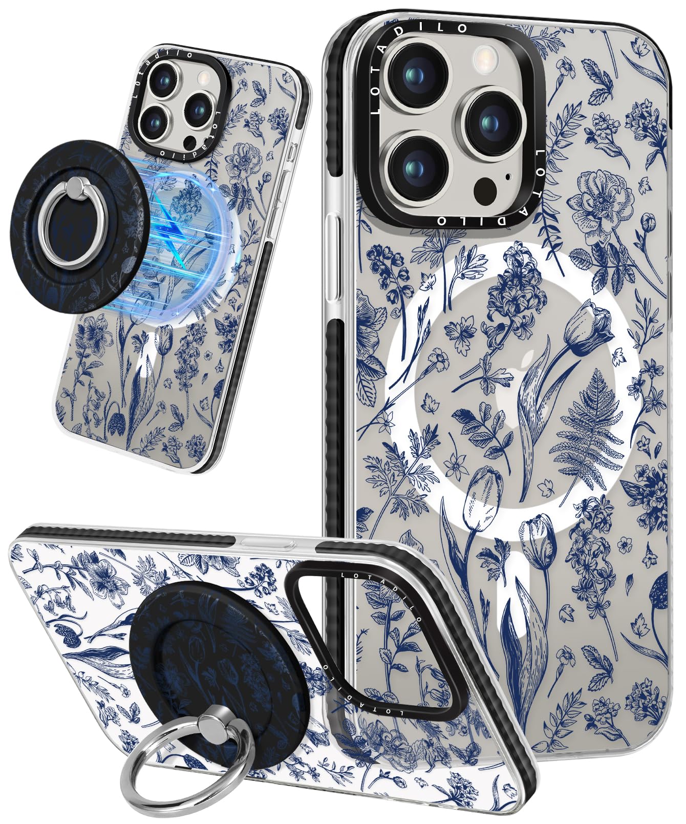 for iPhone 14 Pro Case for Women - Girls Kawaii Design Compatible with Magsafe Magnetic Ring Holder Stand Line Flower Phone Covers Aesthetic Girly TPU Funda for 14 Pro