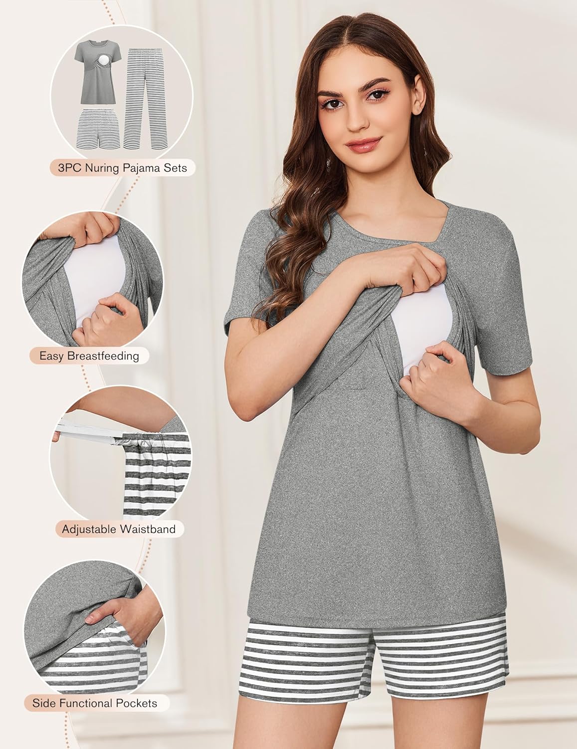 Ekouaer 3 Piece Postpartum Nursing Pajamas Set Short Sleeve Breastfeeding Shirts Pregnancy Shorts & Pants Maternity Pjs