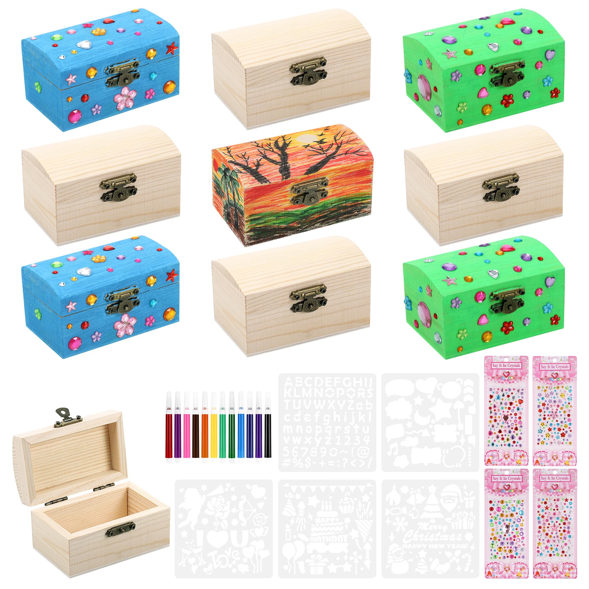 10pcs Wooden Boxes for Craft, Treasure Chest Kids, Craft Box Creative Gifts for Girls, Small Wooden Box with Hinged Lid, Arts and Crafts for Kids Age 6 with Color Pens Decor Stickers