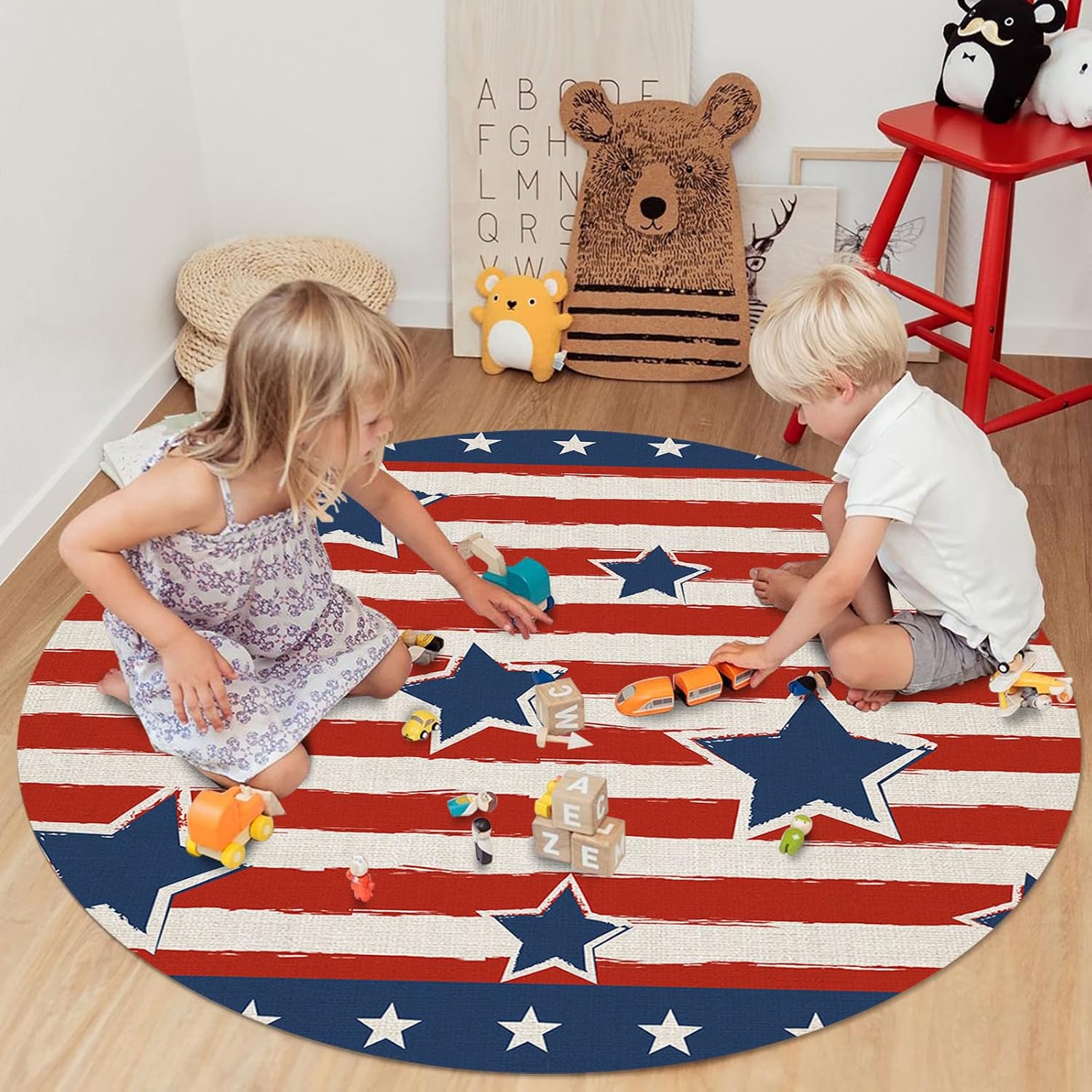 4th of July Round Area Rug 3ft Red White and Blue Stars Stripes Felt Floor Carpets Washable Indoor Floor Area Mat Stain-Proof Independence Day Mat Rugs for Living Room Kitchen Bedroom, American Flag