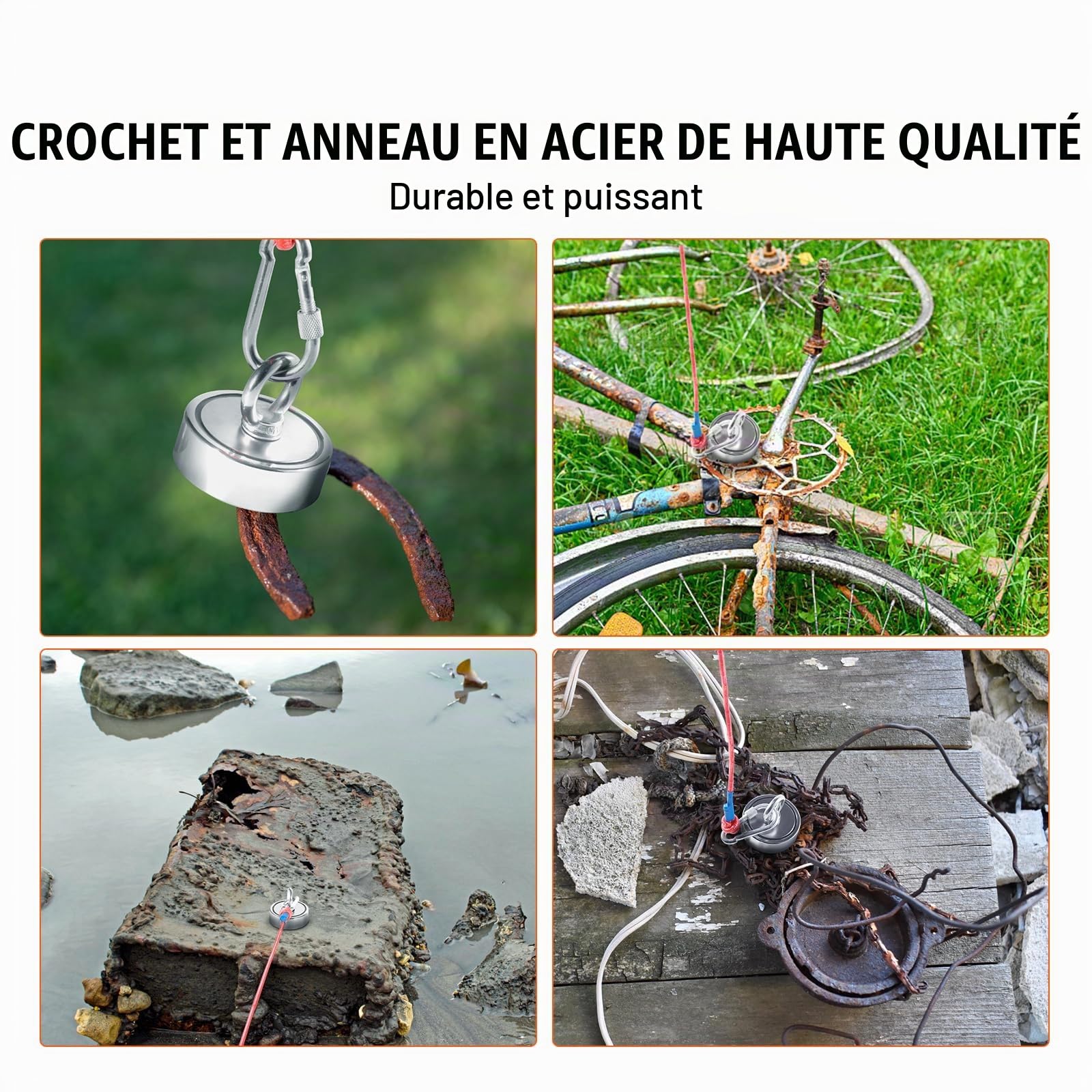 VEVOR Aimant de Pêche Double Face Super Puissants Capacité 272x2 kg Kit de Pêche à l’Aimant en Néodyme avec Corde Crochet Paire de Gants et Étui pour Pêche Magnétique et Chasse au Trésor sous l'Eau