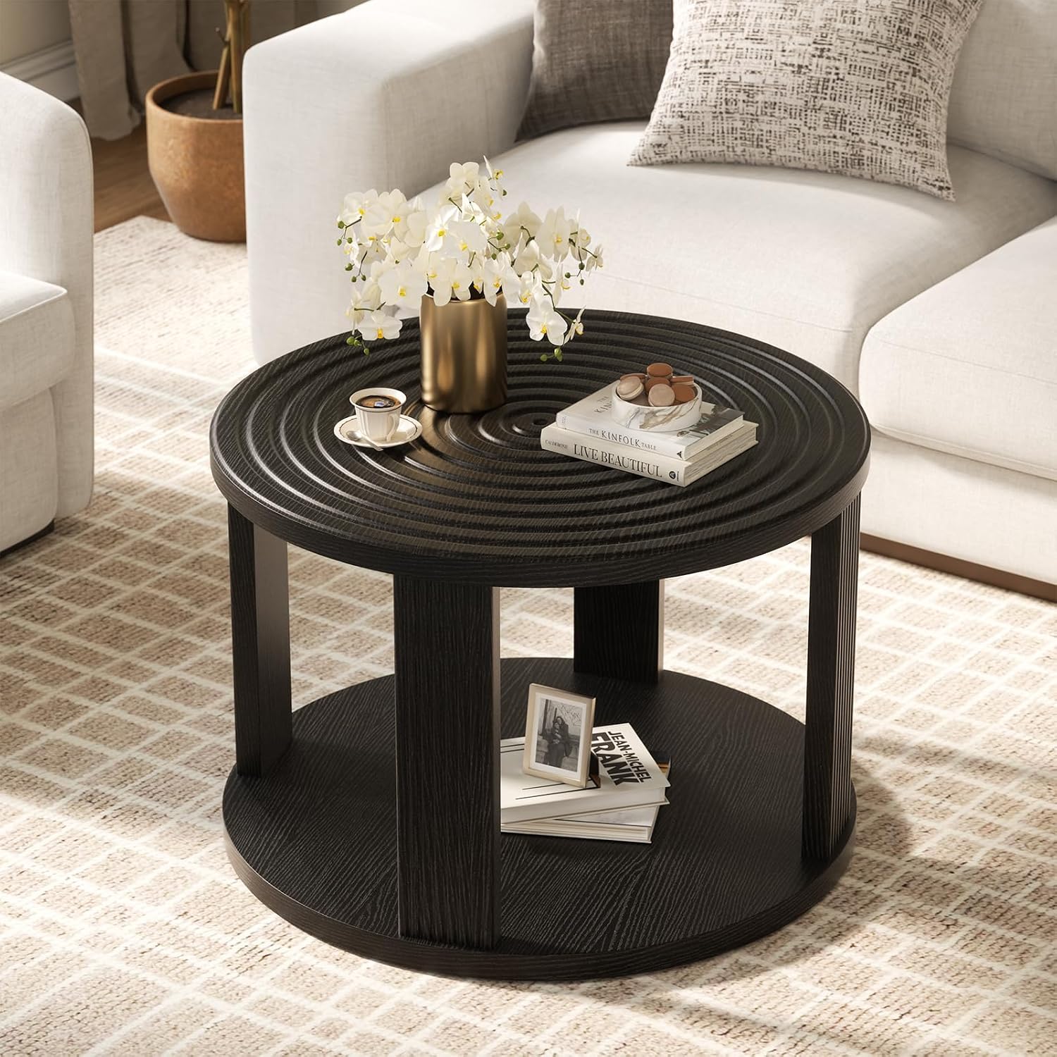 Planimetry 26.8'' Round Coffee Table, 2-Tier Circle Coffee Table with Open Storage, Fluted Round Center Table with Thick Tabletop, Wood Circular Table for Living Room Small Space Easy Assembly, Wood