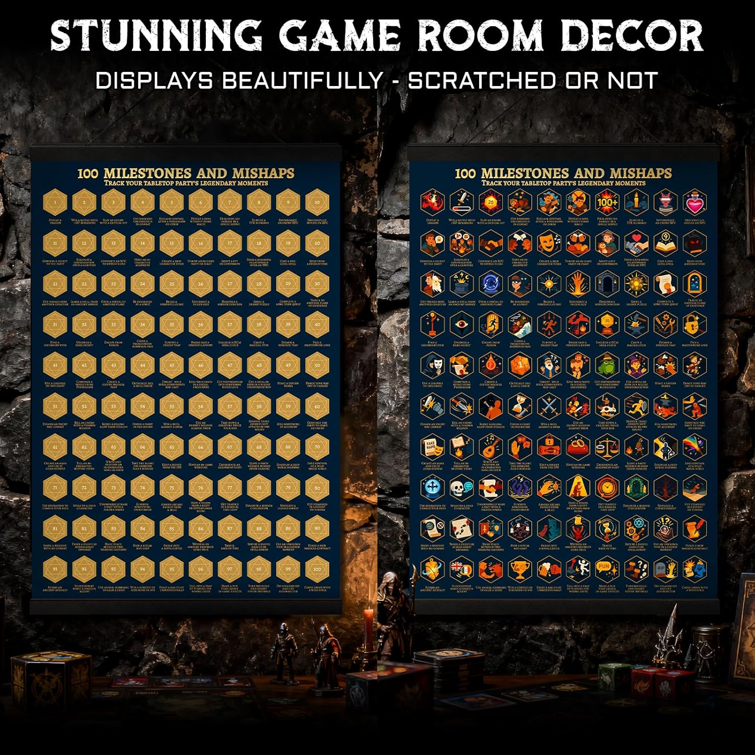 CZYY DND Achievements Scratch-Off Poster - 100 Milestones and Mishaps RPG Campaign Tracker Wall Art with Magnetic Hanger, Scratcher Kit - Fantasy Game Room Decor & Gift for TTRPG Players and DMs