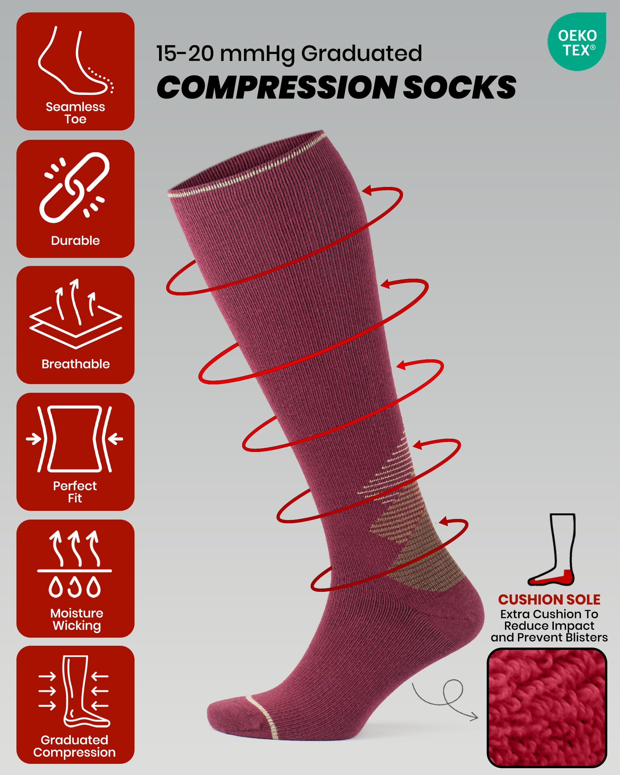 GoWith Calcetines de compresión de lana merina, calcetines térmicos de viaje de 15-20 mmHg, calcetines acolchados hasta la rodilla para hombres y mujeres
