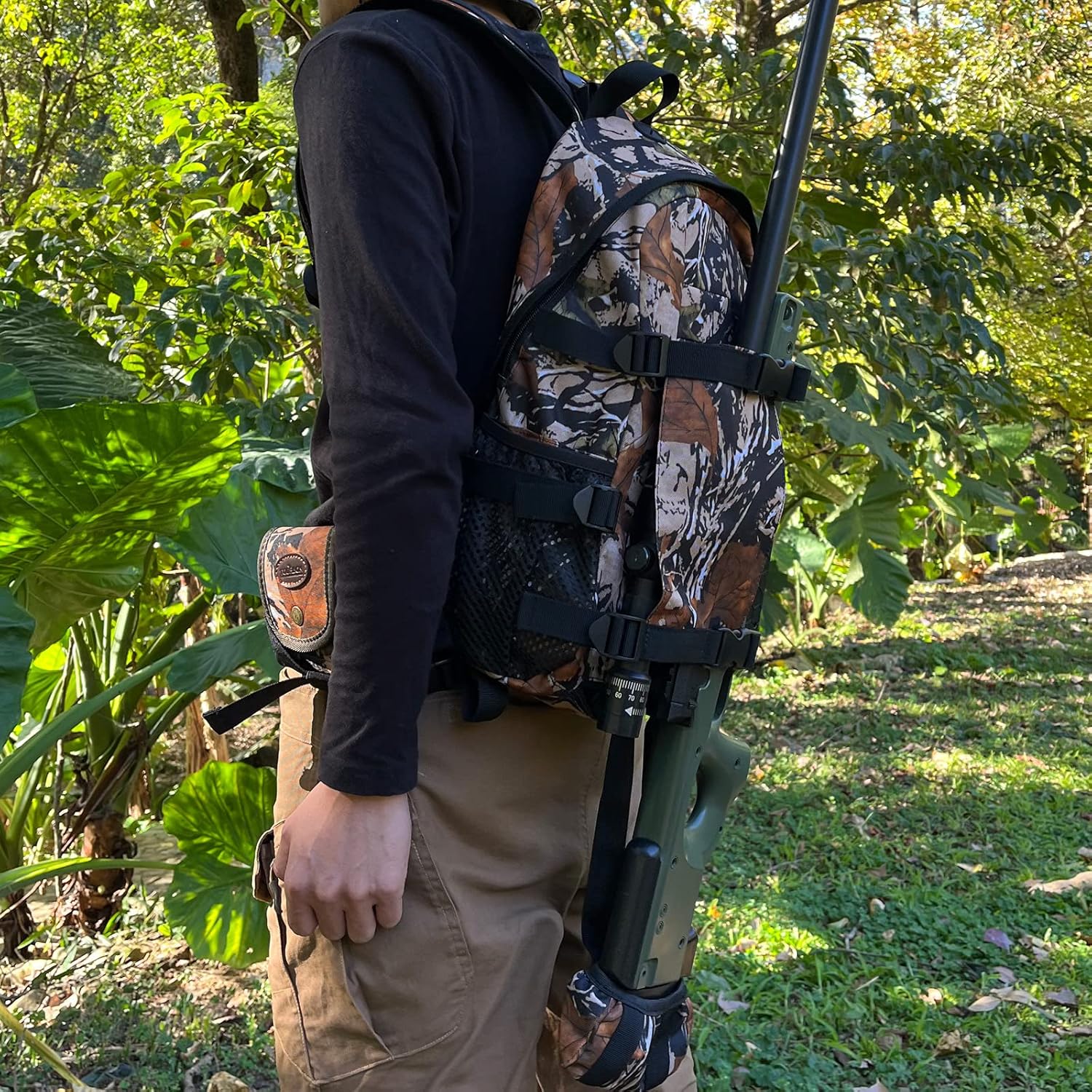 TOURBON Hunting Backpack with Rifle Holder, Small Outdoor Day Pack for Hunting Accessories Fishing Hiking Camping, 14L Capacity (Camo)