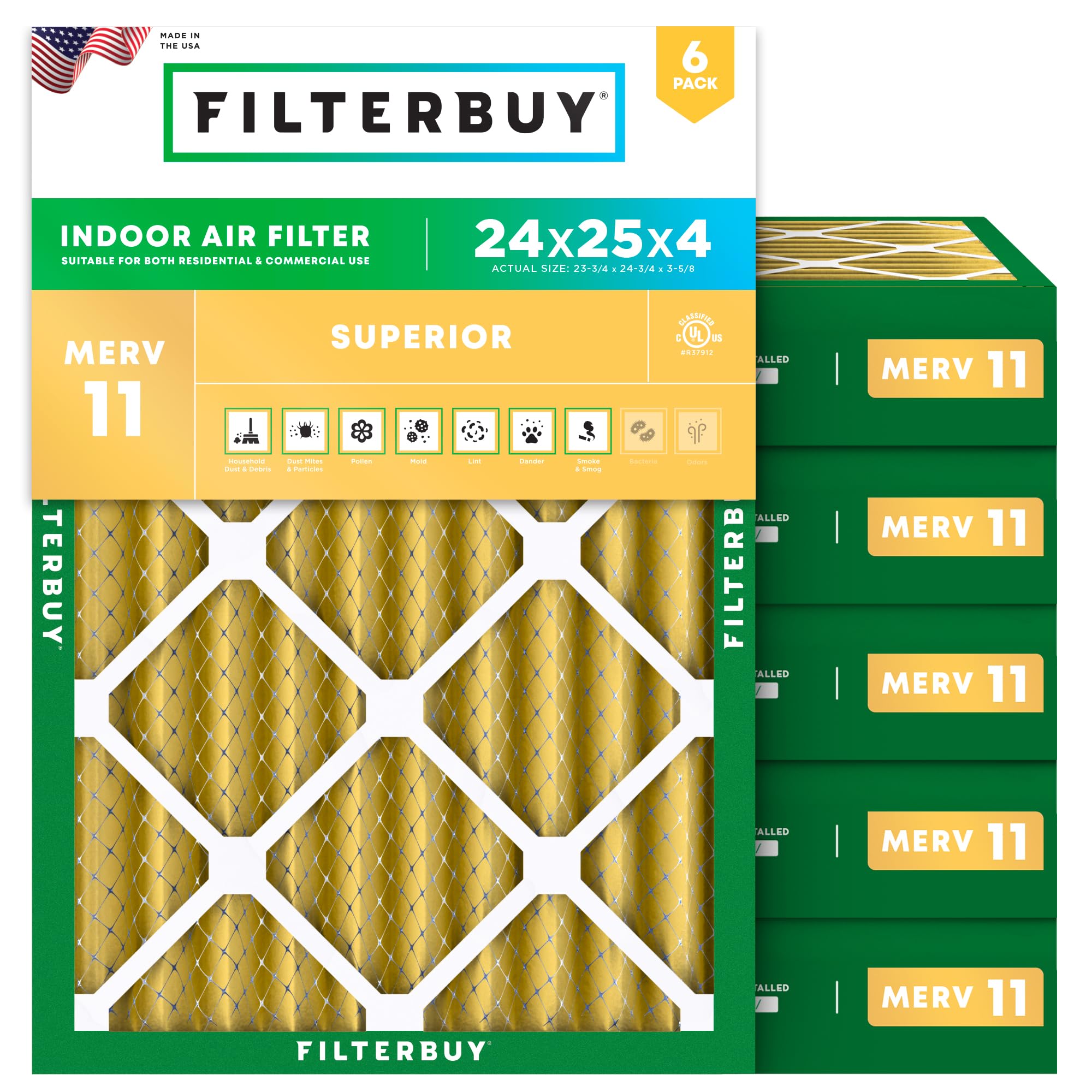 Filterbuy 24x25x4 Air Filter MERV 11 Pet &amp; Allergy Defense (6-Pack)