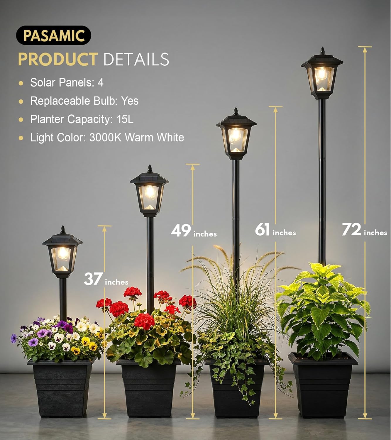 PASAMIC 72" Solar Lamp Post with Planter, Waterproof Solar Outdoor Light for Backyard, Garden & Patio, Outdoor Post Light for Pathway, Driveway, Yard & Front Yard Decor