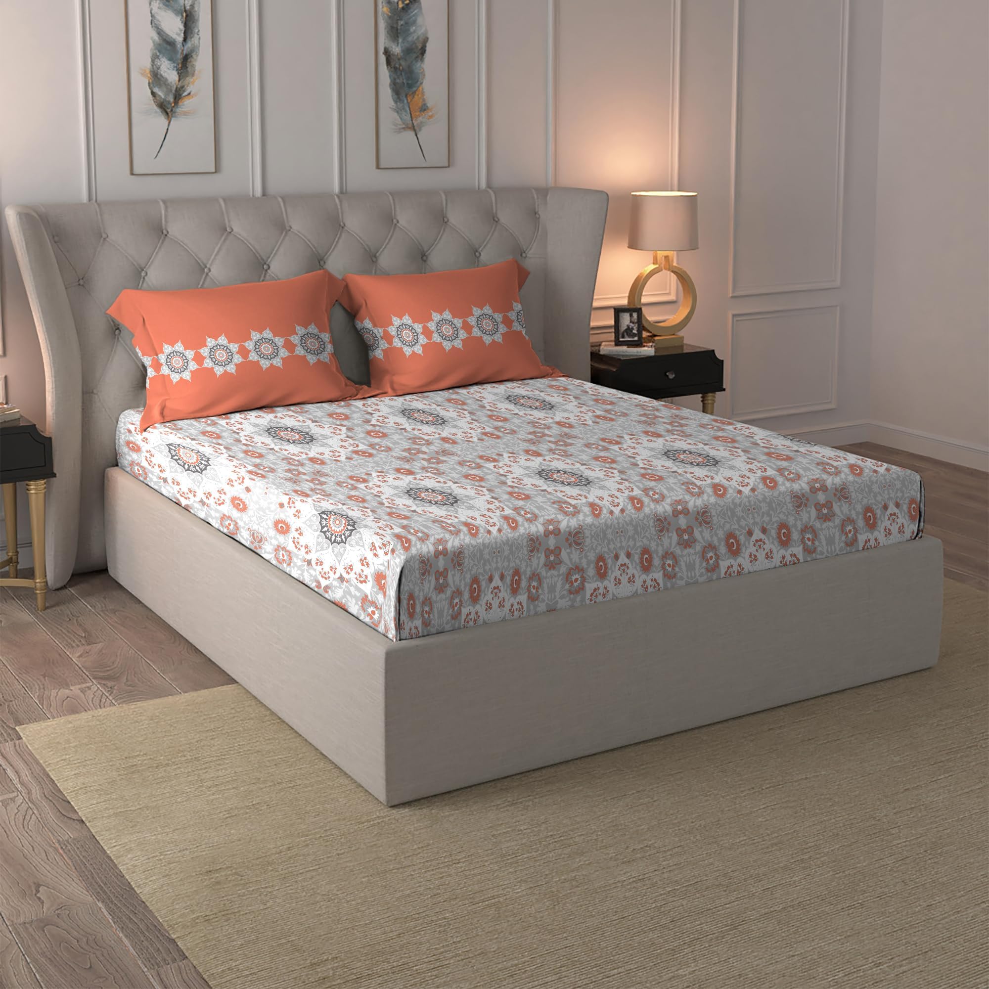 Trident bedsheet for Double Bed, 100% Cotton bedsheet, 144 TC Queen Size (228 cm x 254 cm) bedsheet with 2 Pillow Cover - Mandevilla