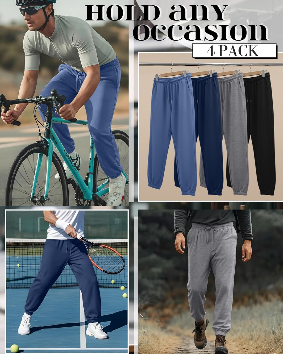 4 Pack Men’s Big and Tall Sweatpants Drawstring Loose Joggers Casual Elastic Waist Athletic Pants with Pockets