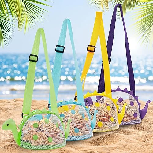 Miniatura 8 de Bolsa de playa de malla para juguetes de playa, bolsa de recolección de conchas para niños, bolsa de juguetes de playa de dinosaurio para sostener