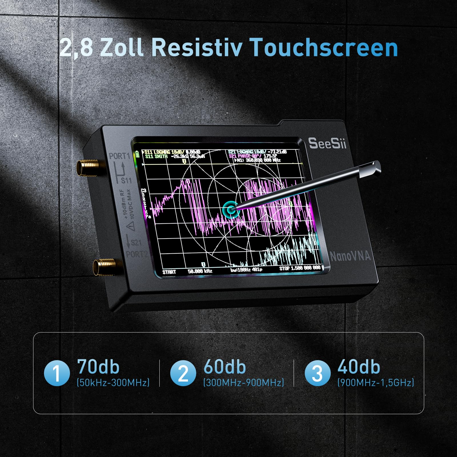 Seesii NanoVNA-H Antennenanalysator, 2,8 Zoll Vektor Netzwerk Analysator 10 KHz - 1,5 GHz MF HF VHF UHF Messung von S Parametern, Spannungs Stehwellen Verhältnis, Phase, Unterstützung SD Karte