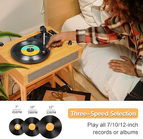 Vista 28 de Tocadiscos de vinilo con altavoces integrados mejorados, tocadiscos Bluetooth de 3 velocidades accionados por correa para discos de vinilo, Cuero