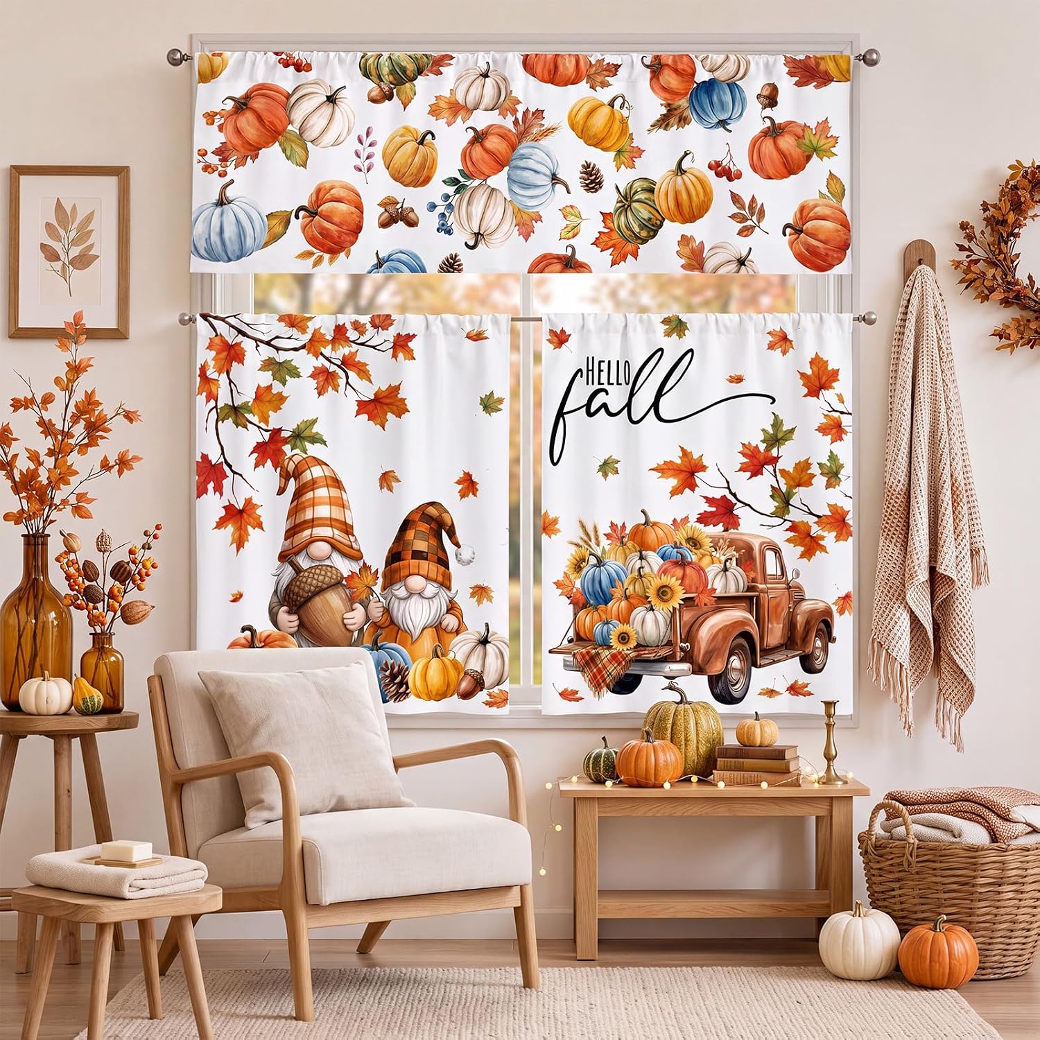HunnmingRe Fall Kitchen Curtain Set, Blue Pumpkin Curtains and Valances Set