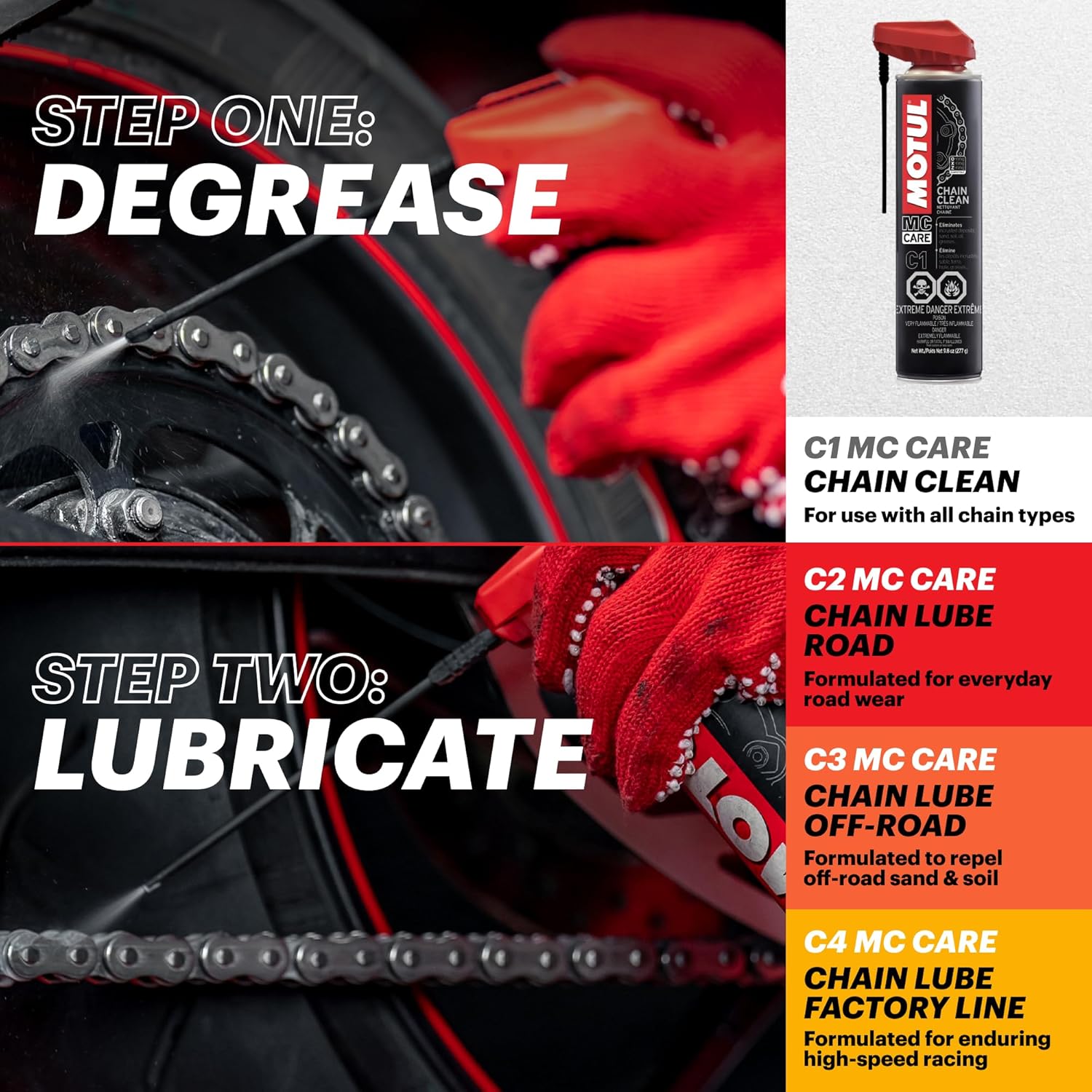 Motul MC Care C4 Chain Lube Factory Line – Racing Motorcycle Chain Lubricant Spray, High Adhesion, O-Ring Safe, Anti-Wear & Corrosion Protection, 9.3 oz