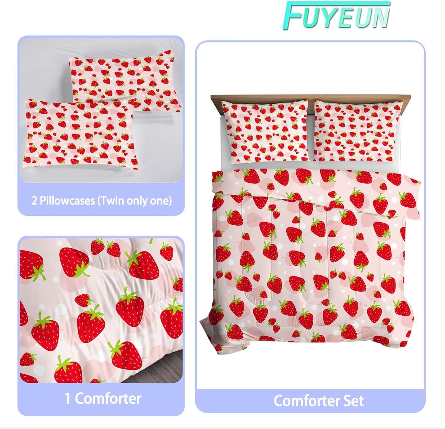 Strawberry Comforter Set King Size Pink Fruits Bedding for Girls Teen Women Kwaii Bedroom Decor Cute Quilt Bed Sets, 1 Comforter 2 Pillowcases - Image 2