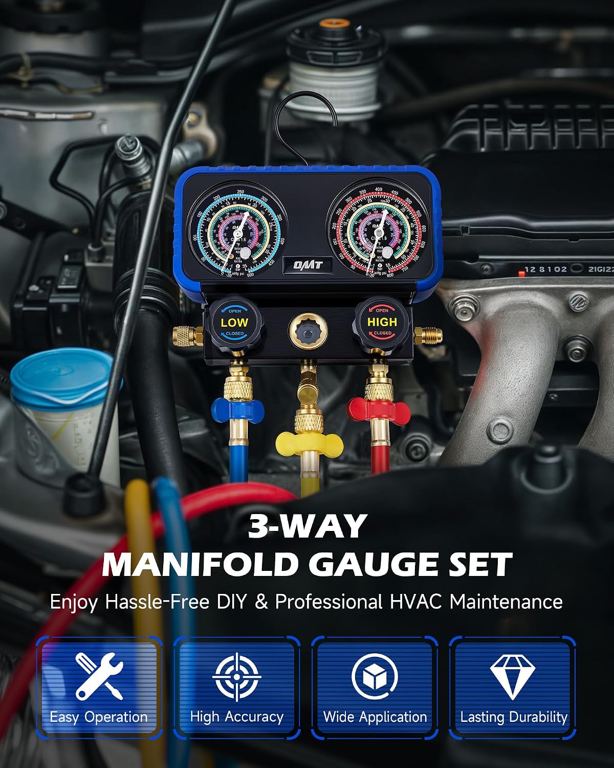 orion motor tech ac gauge set, 3-way ac manifold gauge set for r410a r32 r22 r454b refrigerant with 5ft hoses, a/c gauge with r410 r12/r22 safety valves r410a r32/r454b adapters valve core wrench