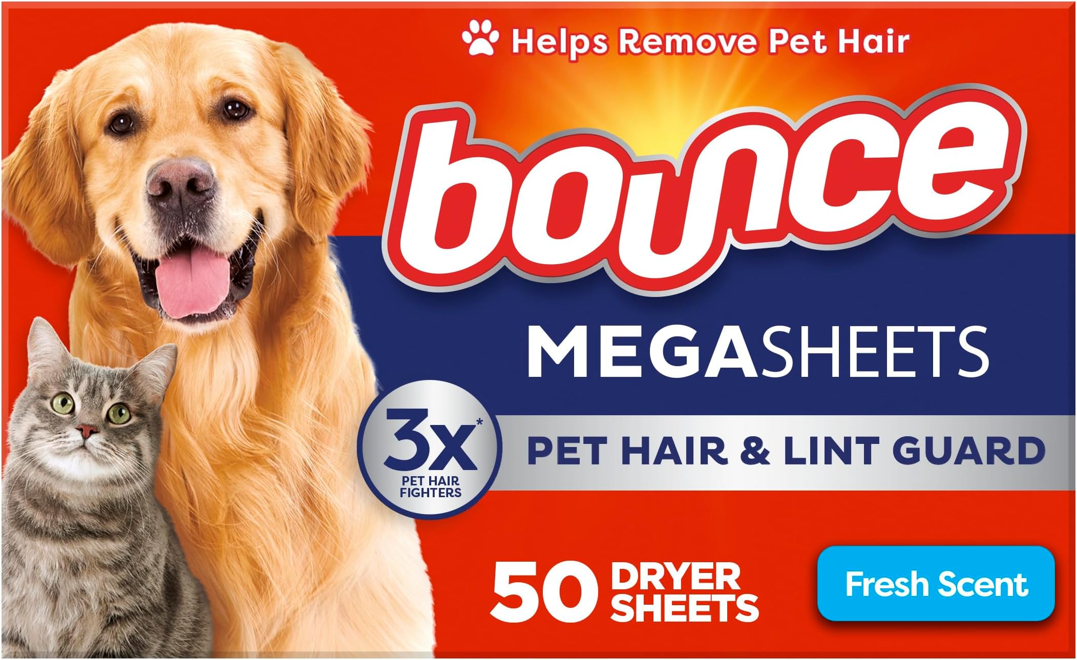 Pet Hair and Lint Guard Mega Dryer Sheets with 3X Pet Hair Fighters, Fresh Scent, 50 Count