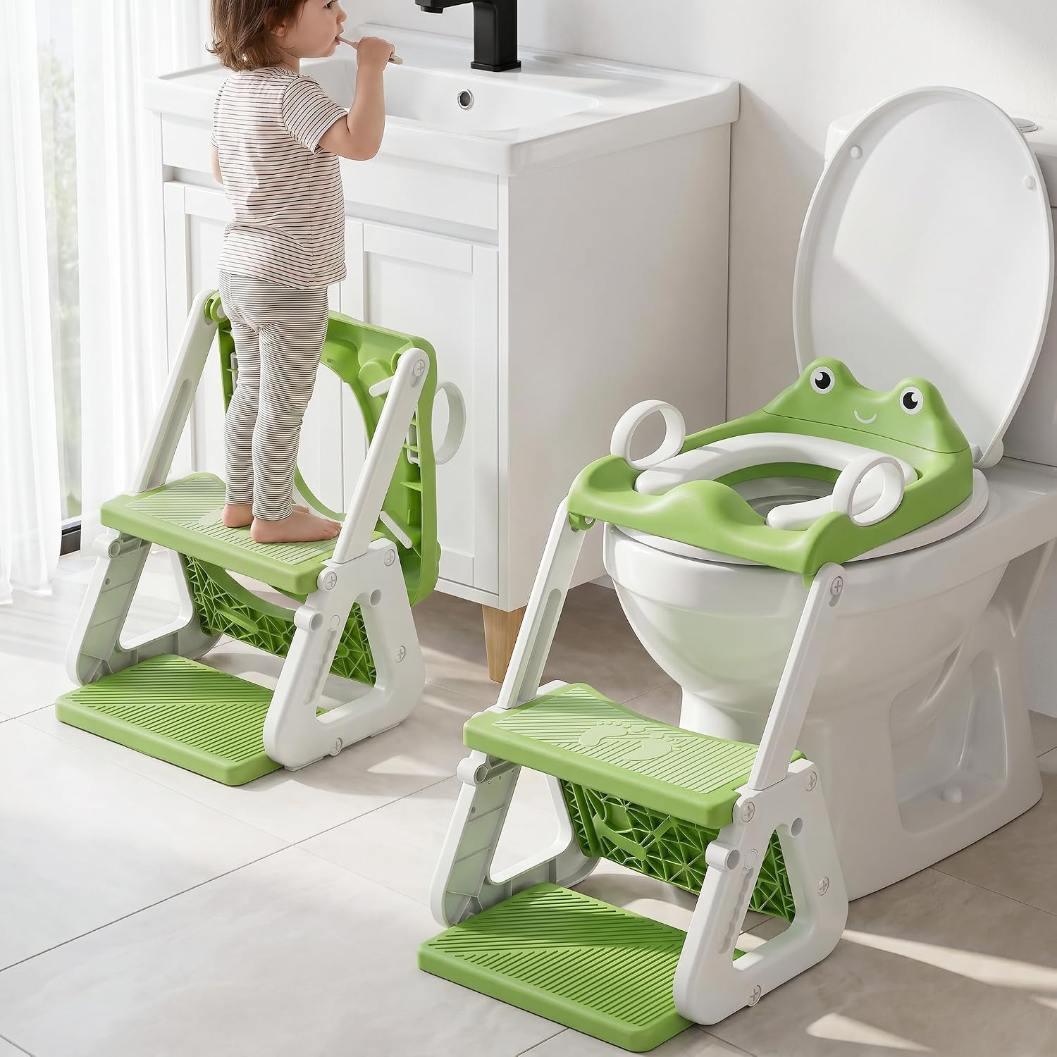 Potty Training Seat, Upgrade 2-in-1 Foldable Toddler Toilet Seat with Step Stool Ladder | 7-Level Height Adjustable, Anti-Slip Wide Footrest, Splash Guard for Boys & Girls, Grey