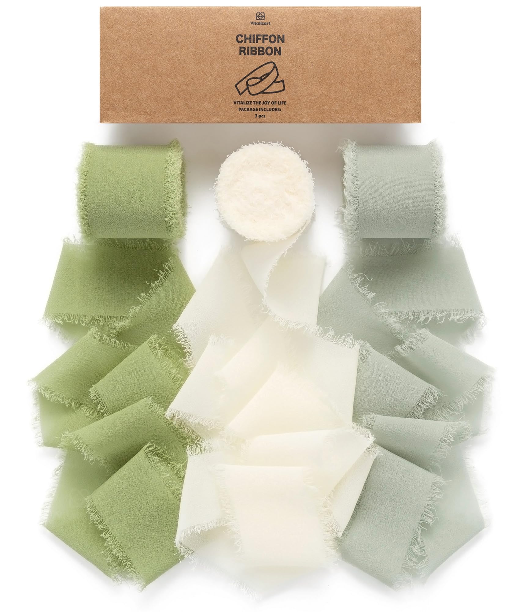 VitalizartSage Green Handmade Chiffon Silk Ribbon Fringe 1.5" x 21 Yd Frayed Edges Ribbons for Wedding Invitations Bridal Bouquets Gifts Wrapping Crafts Holiday Party Decorations