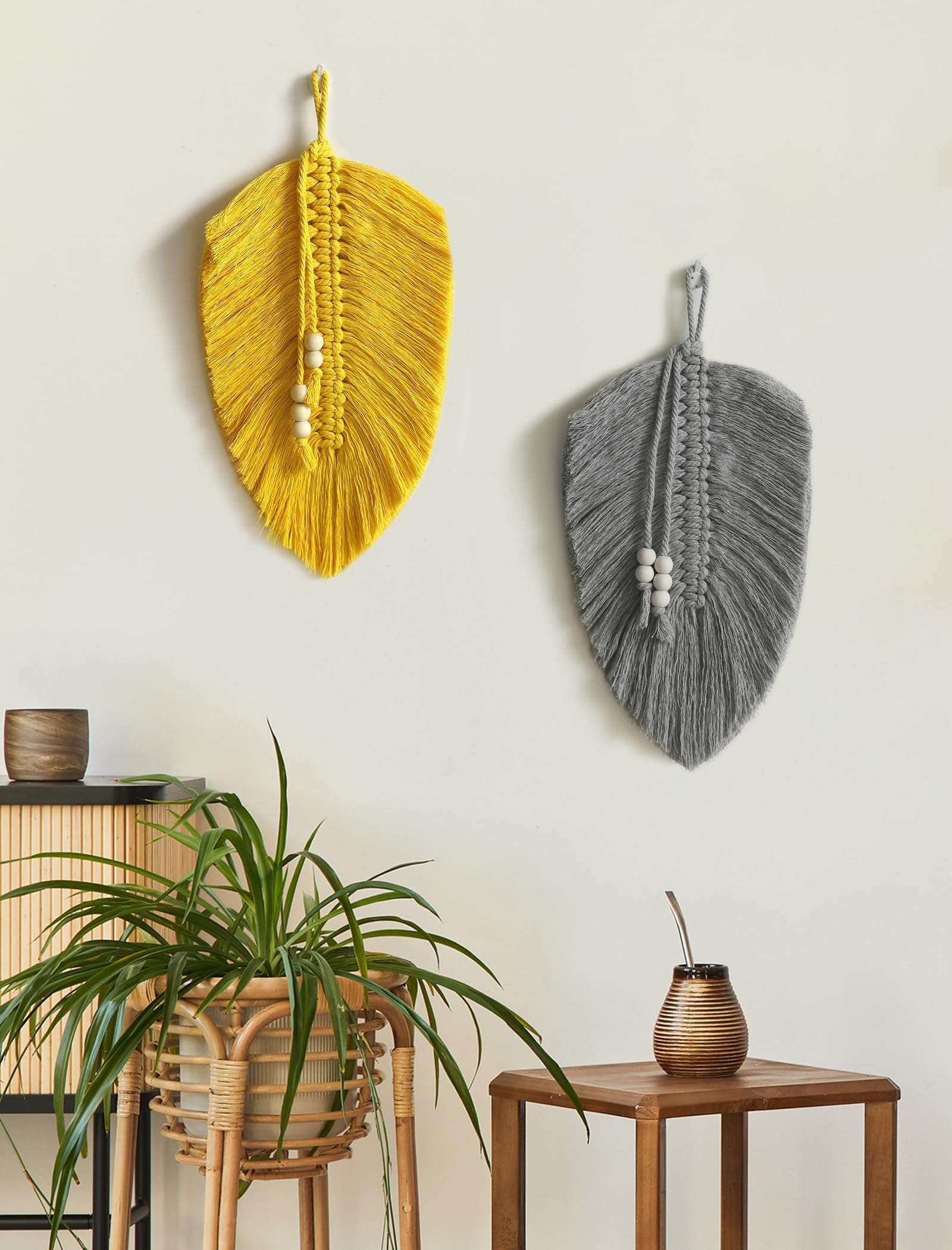 Nice Dream Macrame Feather Wall Hanging, Yellow & Grey Wall Decor Macrame with Wooden Beads, Handmade Boho Small Decoration for Home Bedroom