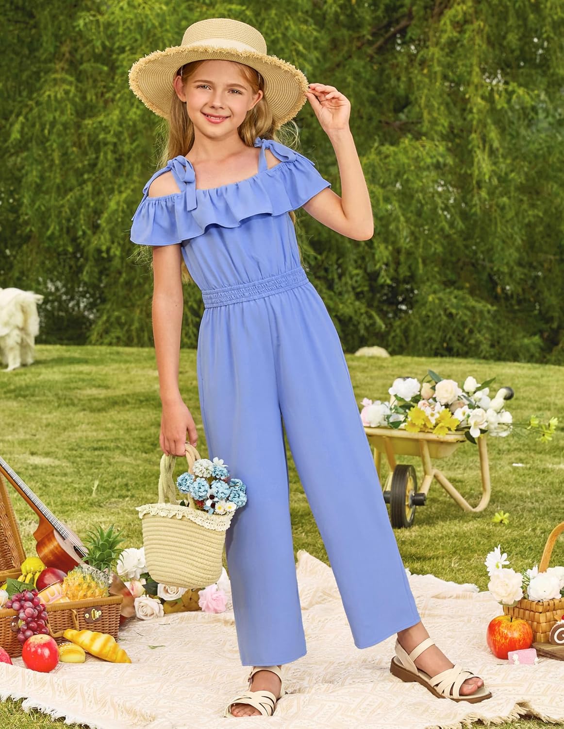 GRACE KARIN Girls Wide Leg Jumpsuit Summer Romper Kids Casual One Piece Off Shoulder Ruffle with Pockets Size 7-14 - Image 6