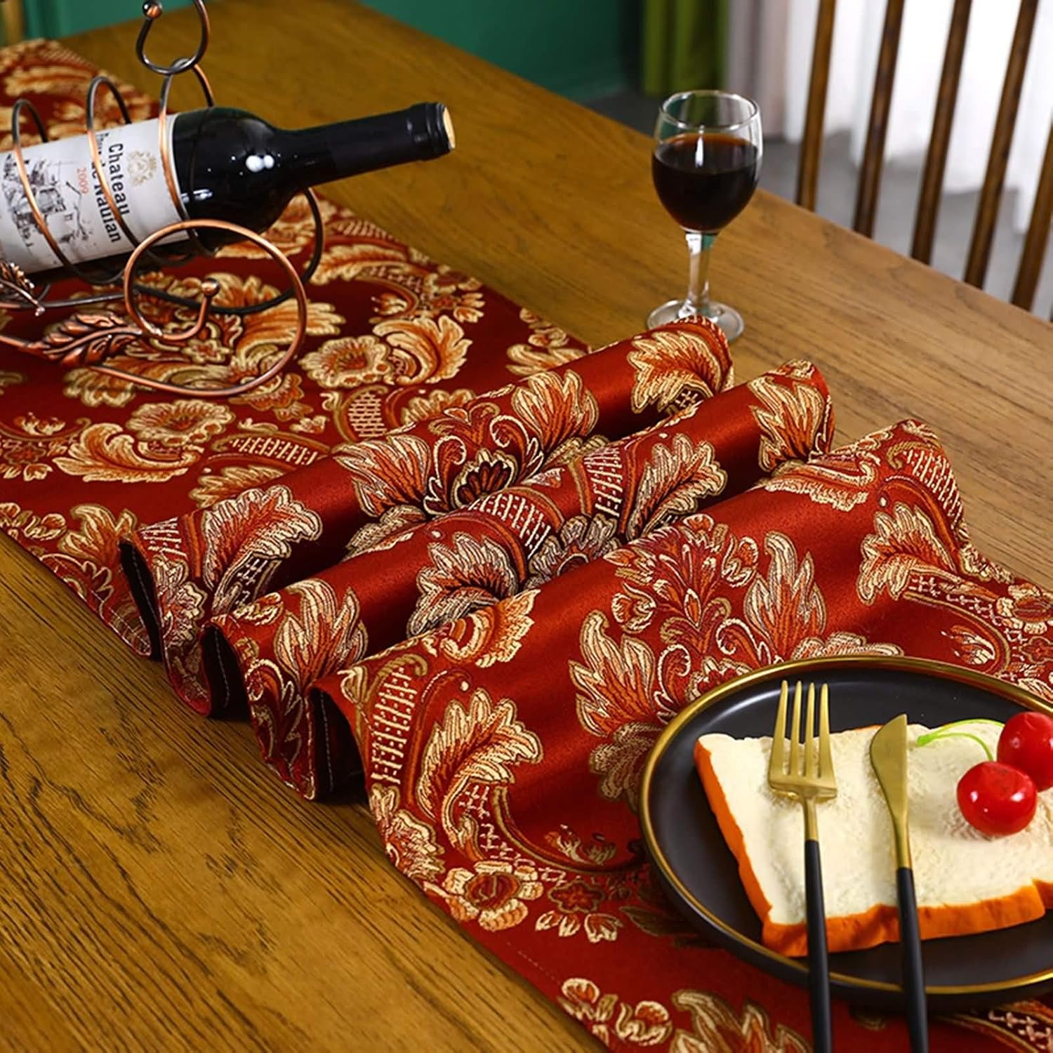 Rectangle Table Runner,30x180CM,Flowers Embroidered with Tassel Table Runners Modern Polyester,Autumn Table Runner Red