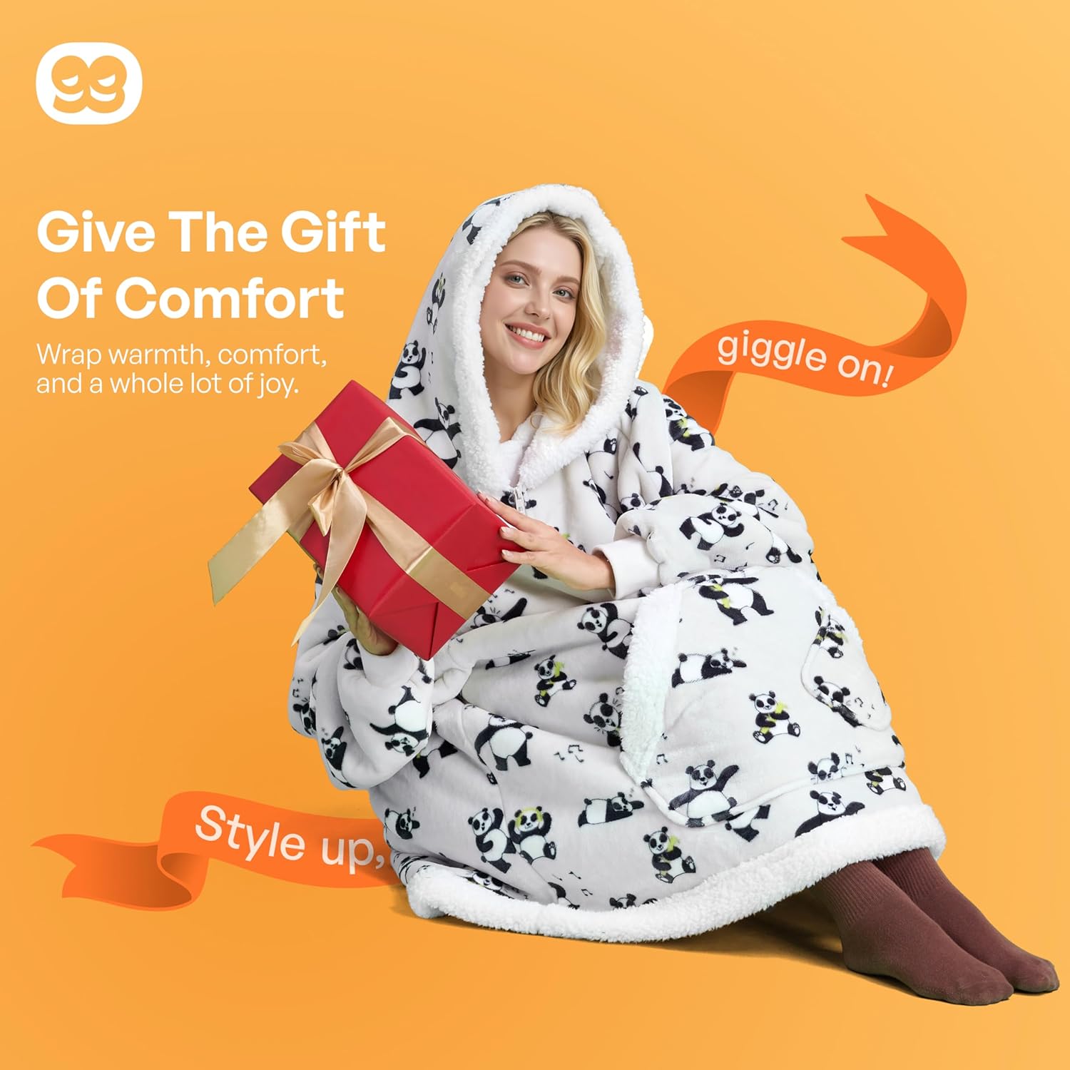 Giggling Getup Wearable Blanket Hoodie for Adults Gifts for Teen Girls Sister Women Sherpa Fleece Printed Hooded Blanket Sweatshirt Warm Cozy with Pocket & Sleeves Grey Panda - Image 8