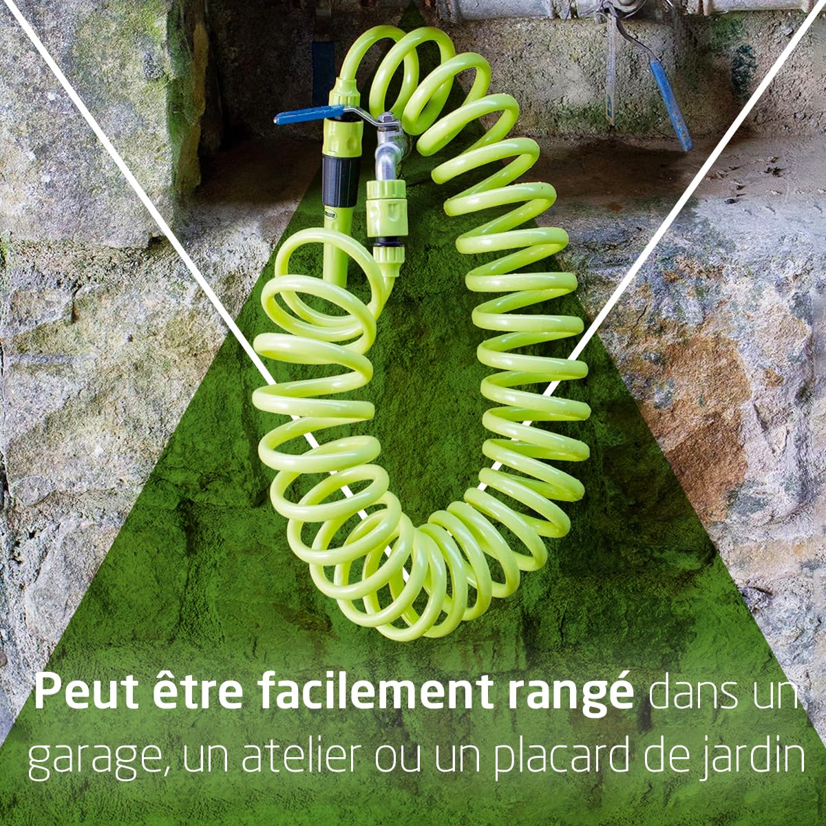 Amig - Tuyau d'arrosage en spirale de 3/8" avec accessoires de jardinage ou de nettoyage - Comprend une lance d'irrigation, un adaptateur et 2 raccords - Extensible jusqu'à 7,5 m Vert pistache