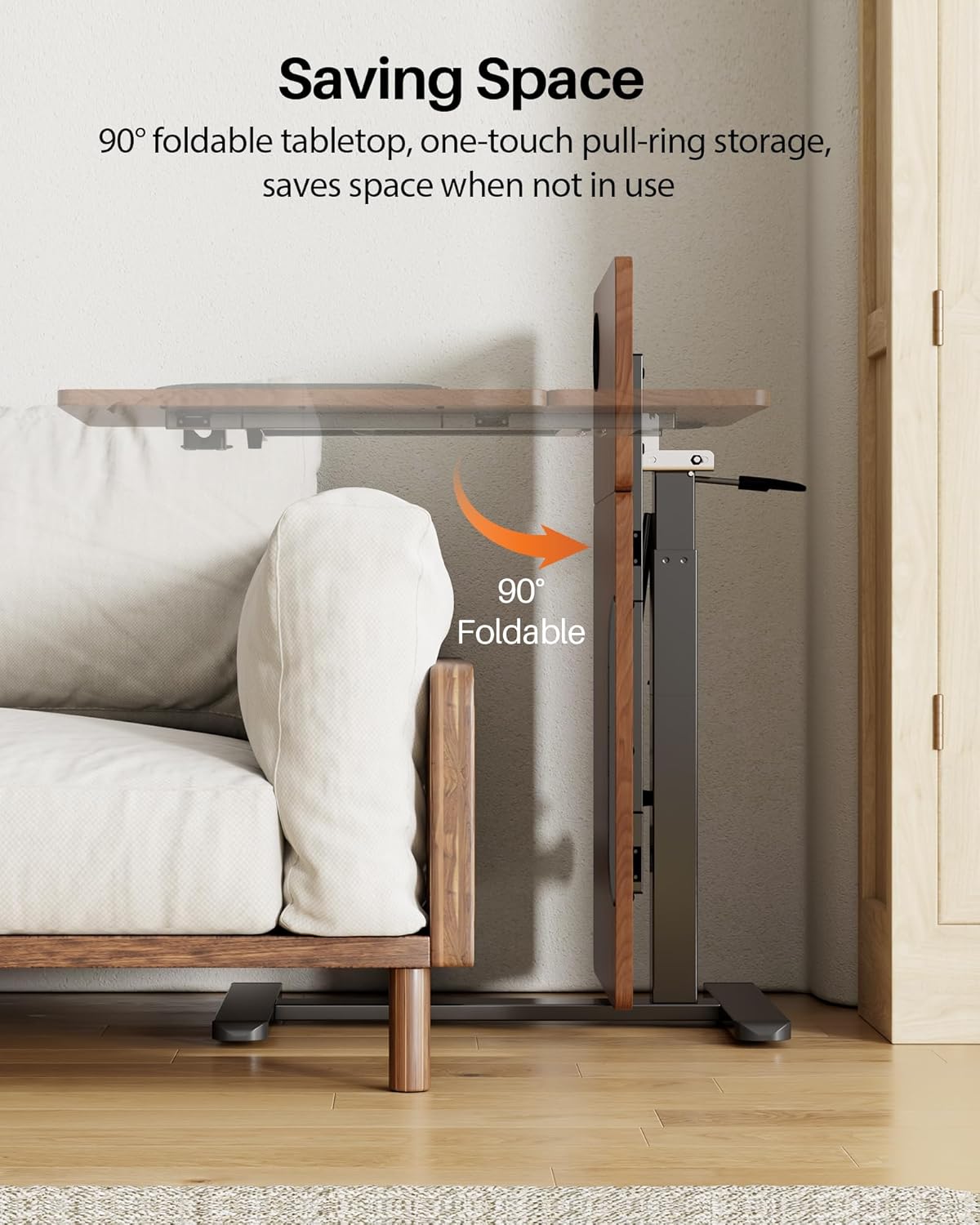 Overbed Table with Wheels, Pneumatic Height Adjustable Overbed Bedside Table, Tilting Desktop Mobile Standing Desk, Rolling Laptop Desk for Bed, Sofa, or Hospital Use (Brown)