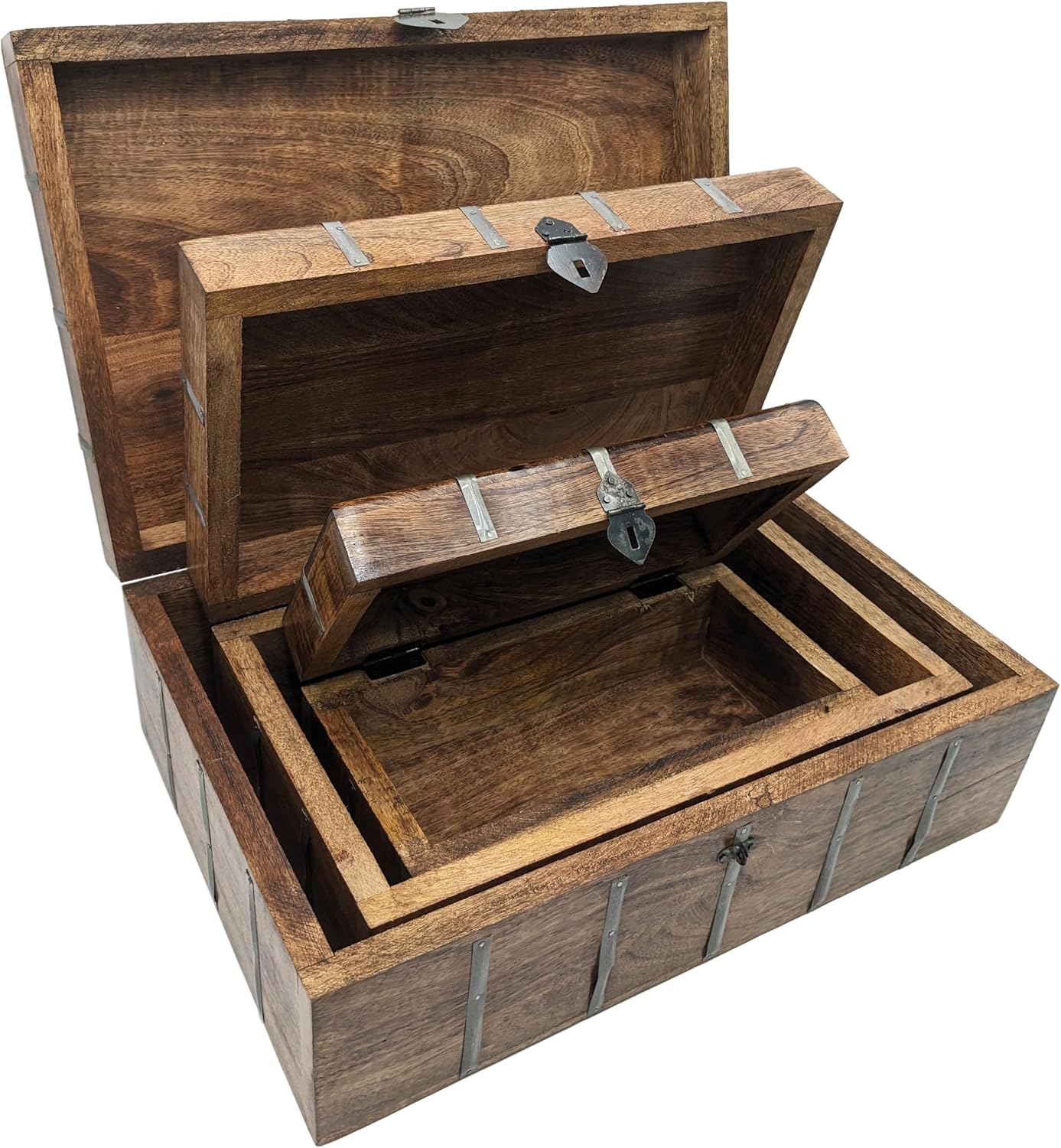 SciencePurchase Set of 3 Nesting Wooden Pirate Treasure Chests (Small, Medium, and Large), Hinged Storage Boxes Decorated with Grey Metal Accents, Black Hasps for Locks