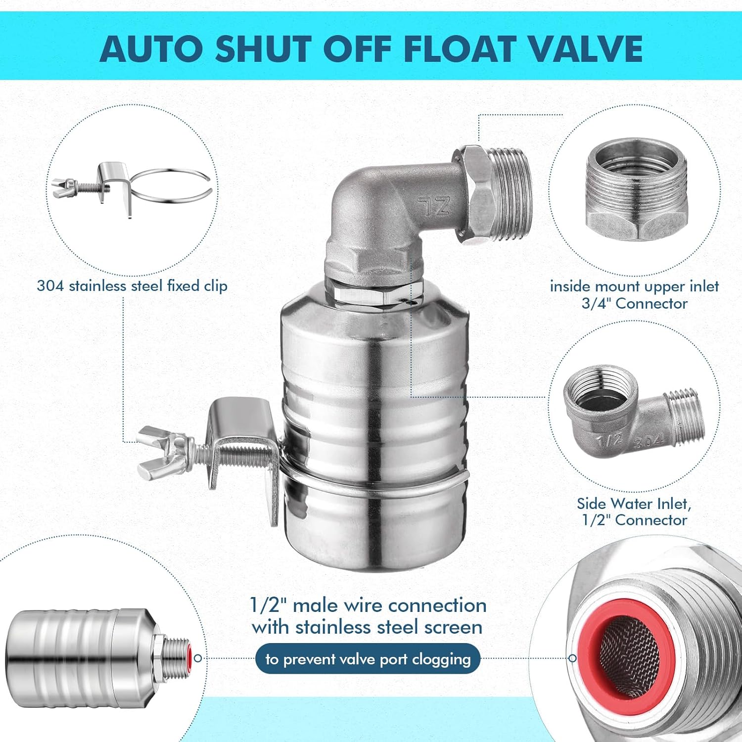 MorningRo 4 Pack Water Float Valve 1/2" to 3/4'' Auto Shut off Water Tank Float Valve 304 Stainless Steel Fully Automatic Level Control for Pool, Livestock Troughs (Classic Style)