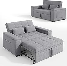 Xbro Linen 2 Seater Sofa Bed, Extended Bed 175 x 116 cm, 3 in 1 Convertible with 2 Cushions and Side Pockets, Compact Space-Saving for Living Room and Guest Room, 156 x 74 x 84 cm, Light Grey