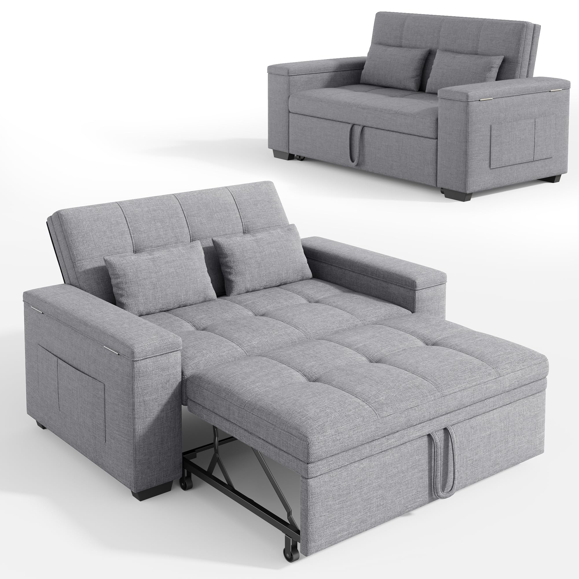 Xbro 3-in-1 Schlafsofa ausziehbar, 2-Sitzer Sofa mit Schlaffunktion, verstellbare Rückenlehne, Leinenstoff mit 2 Kissen und Seitentaschen, für Wohnzimmer, Schlafzimmer oder Büro