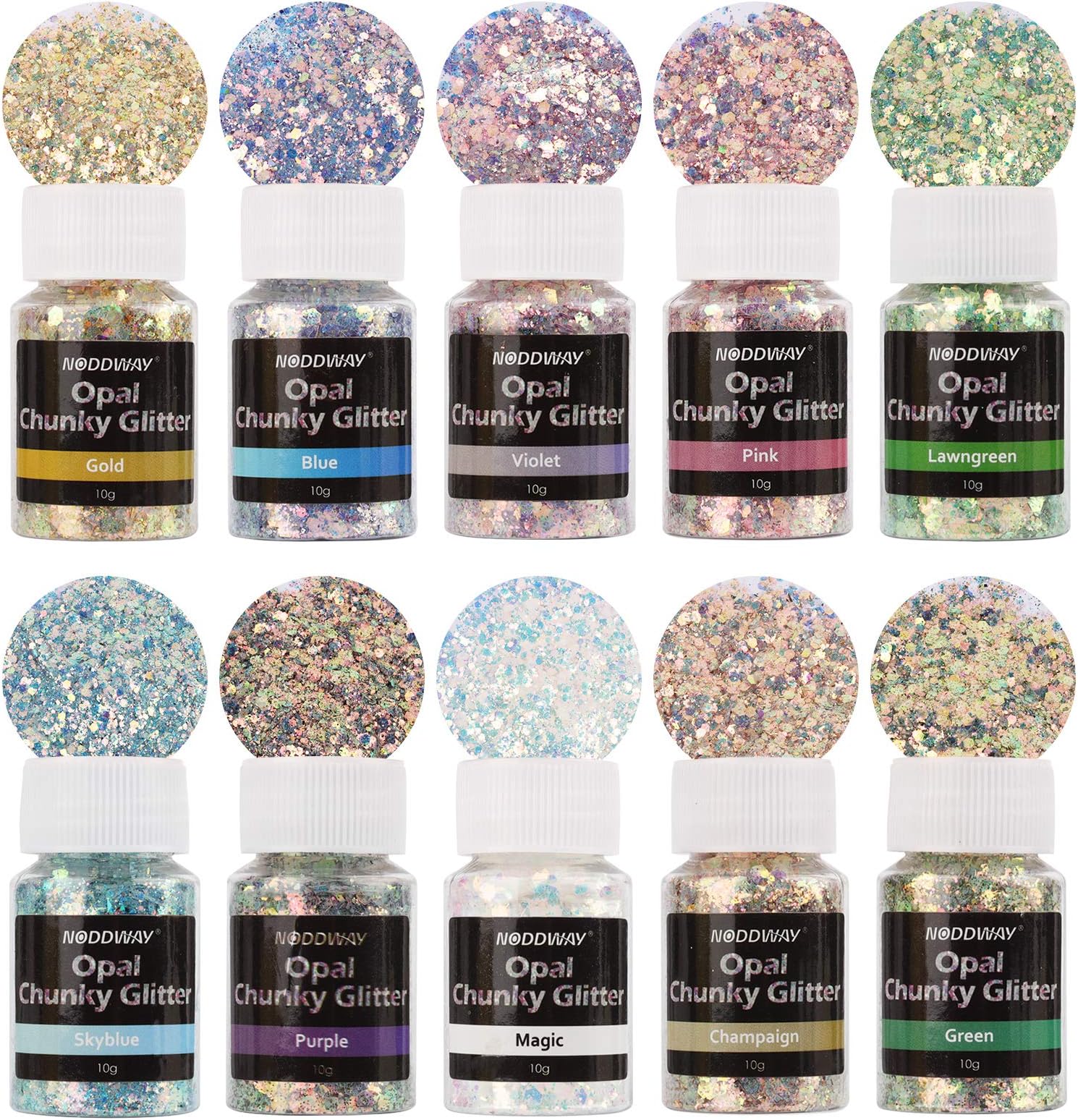Opal Glitter NODDWAY Chunky Craft Glitter 100G, 10Colors Super Chunky Glitter, Resin Chunky Glitter for Crafts, Slime, Nail Art, Paint