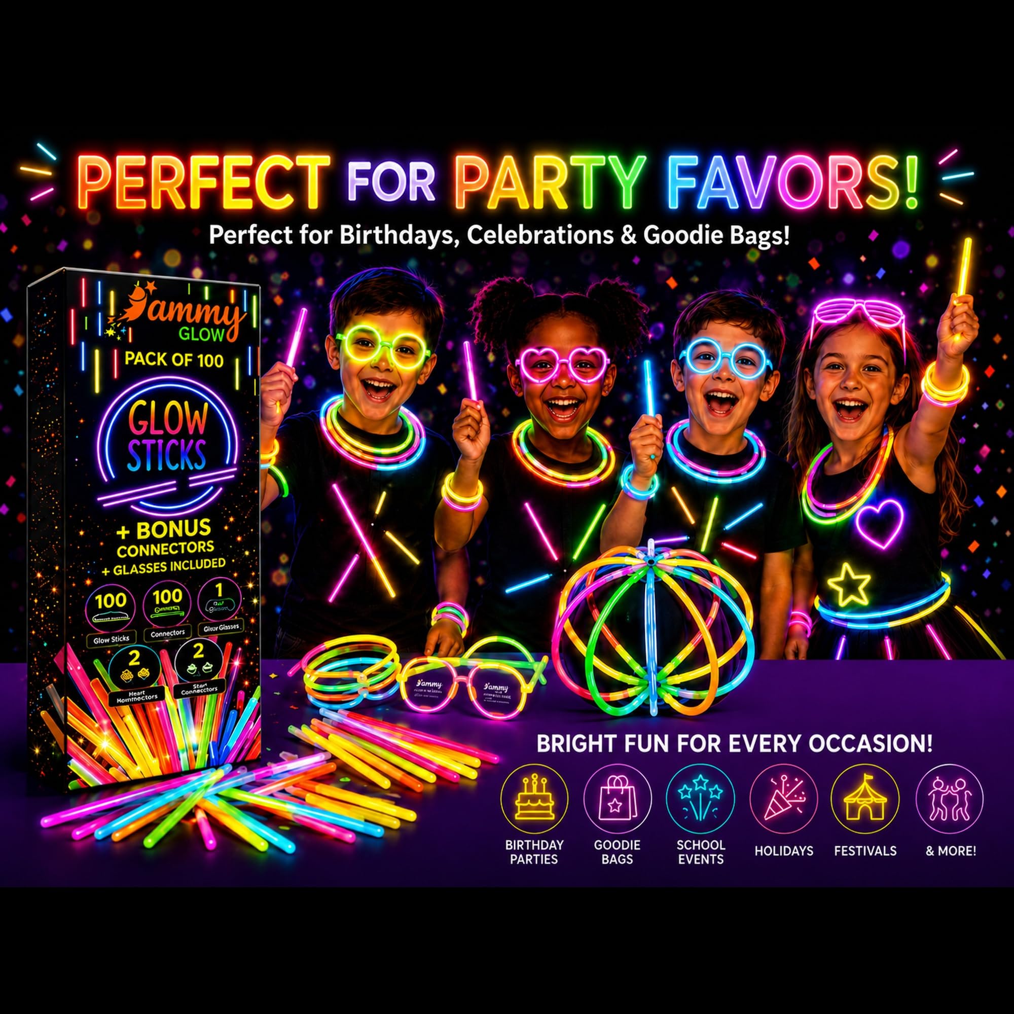 Ammy Glow Glow Sticks (205 Pcs Kit) Bulk Party Pack-100 Pack Glow Sticks with Connectors & Glasses- Party Favors for Kids 8-12- Neon Glow in The Dark Party Supplies for Birthdays & Events — Amazon image 3