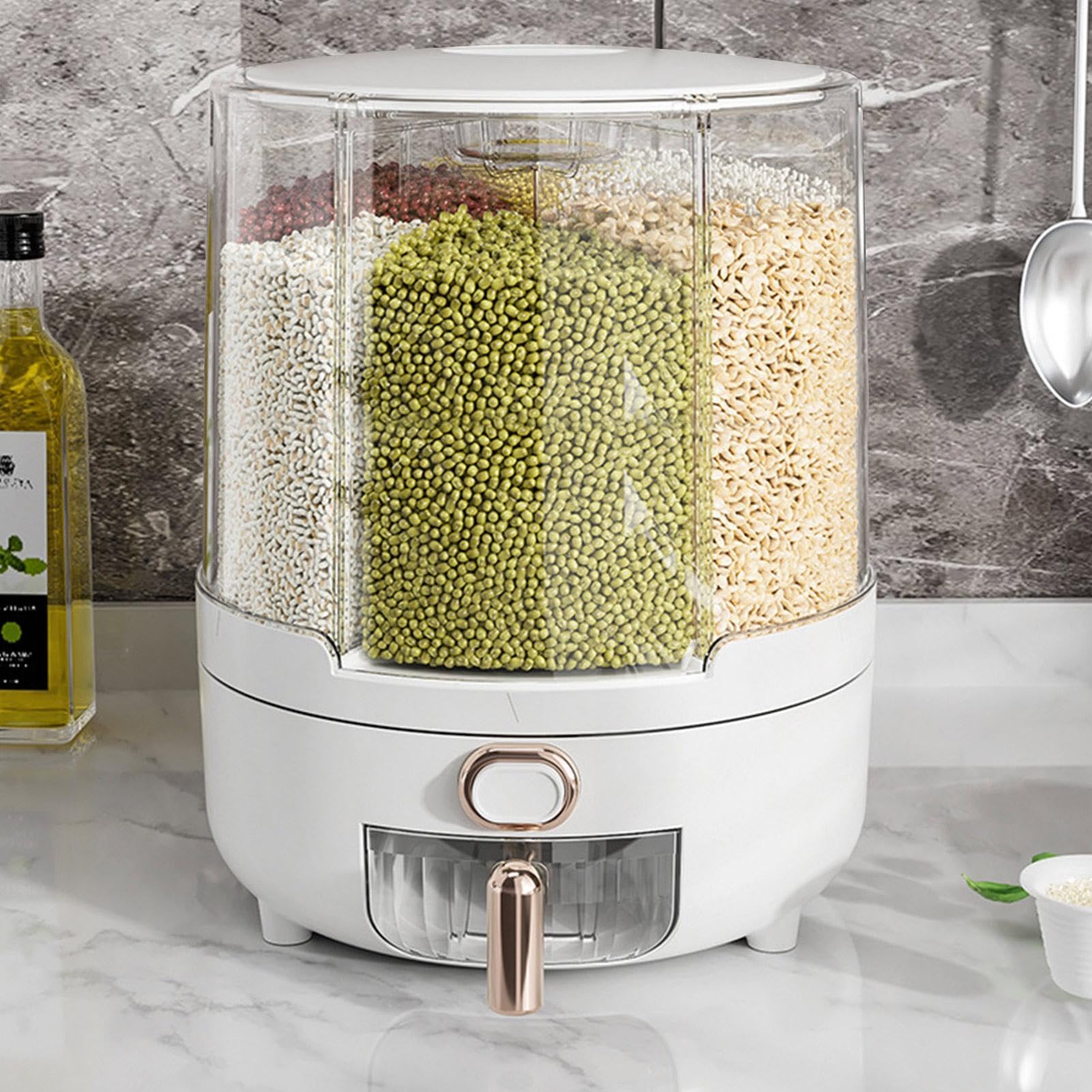 Contenedor de arroz | Dispensador de granos giratorio de 360° | Contenedor de almacenamiento de arroz con 6 compartimentos | Tapa extraíble | Dispensador de almacenamiento de lentejas